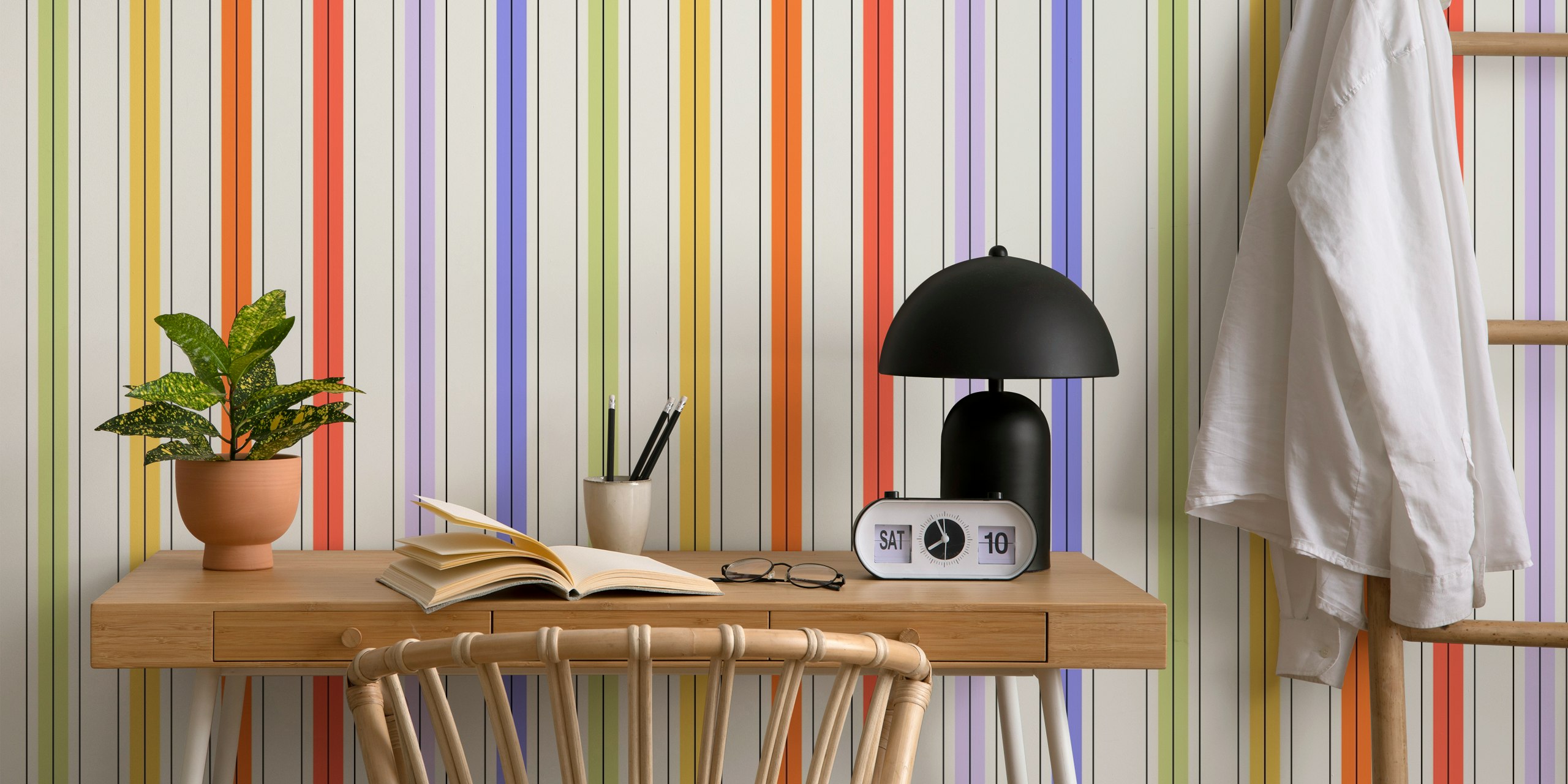 Colorful classic lines wallpaper displayed in a room
