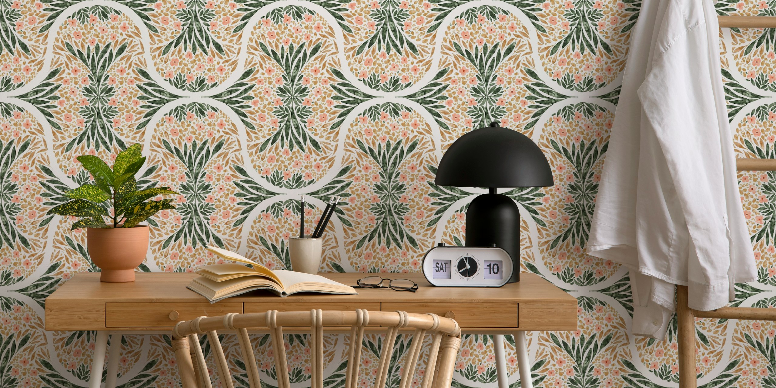 Floral pattern with green leaves, beige and peach flowers wallpaper