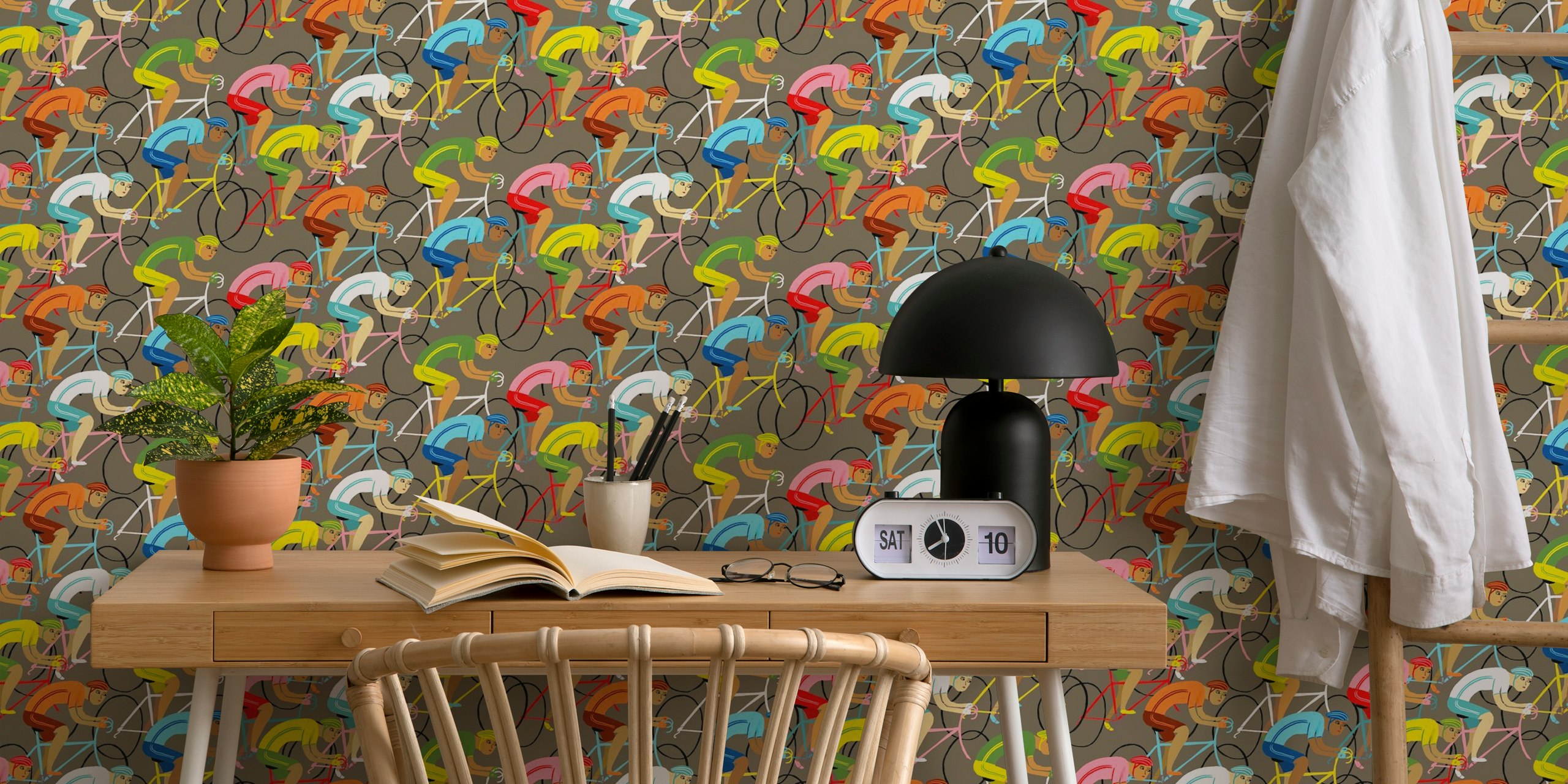 Colorful cyclists on bicycles in a racing pattern wallpaper