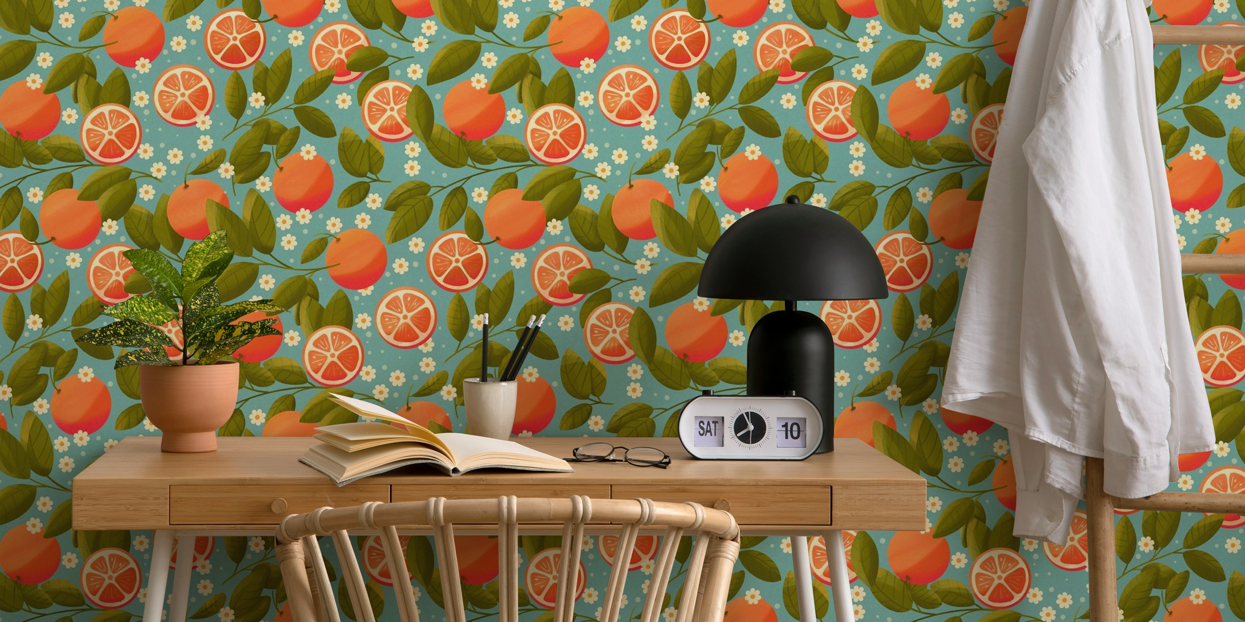 Vibrant citrus wallpaper design in a room