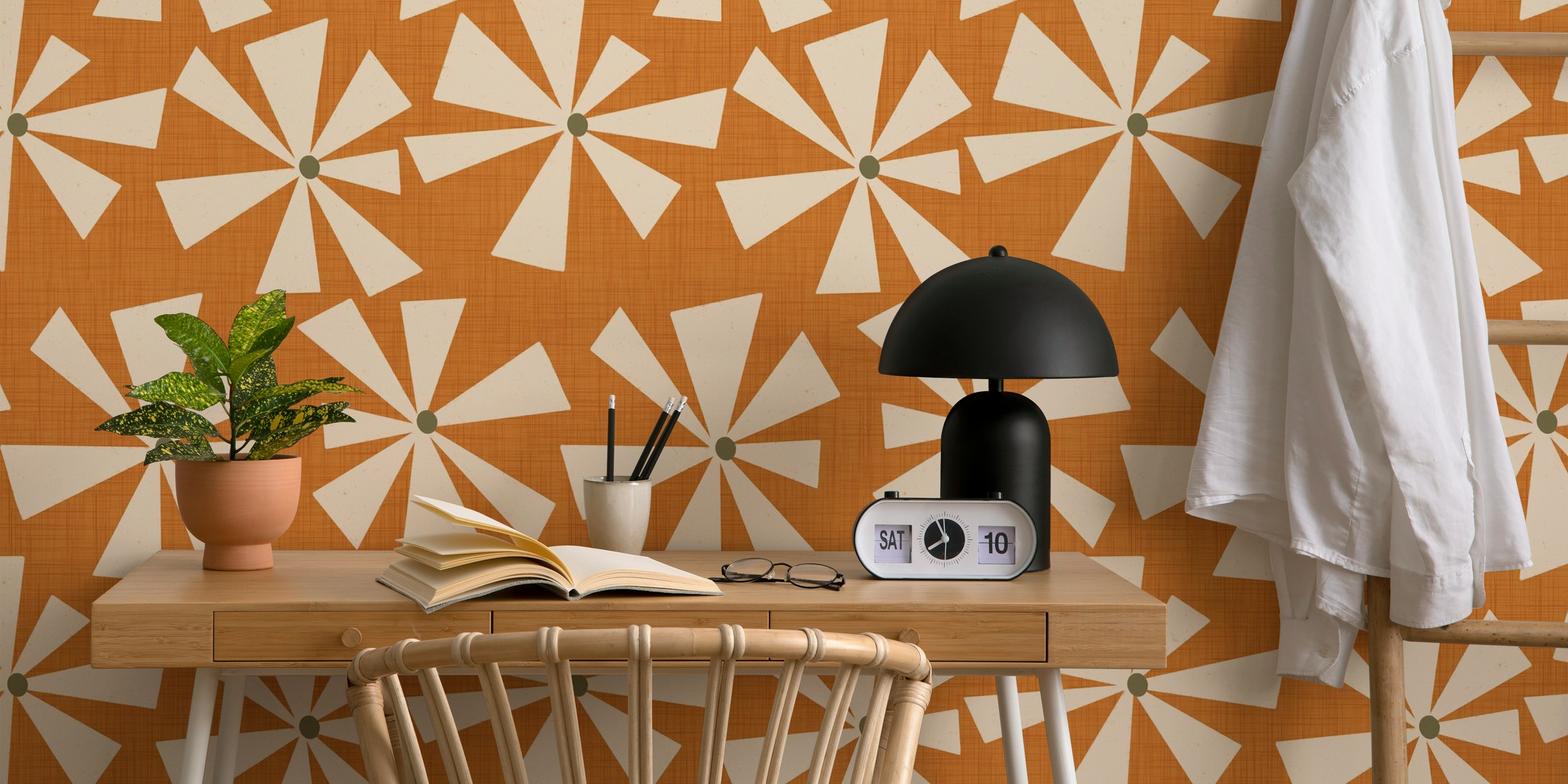 Geometric floral patterns in ochre and cream colors wallpaper