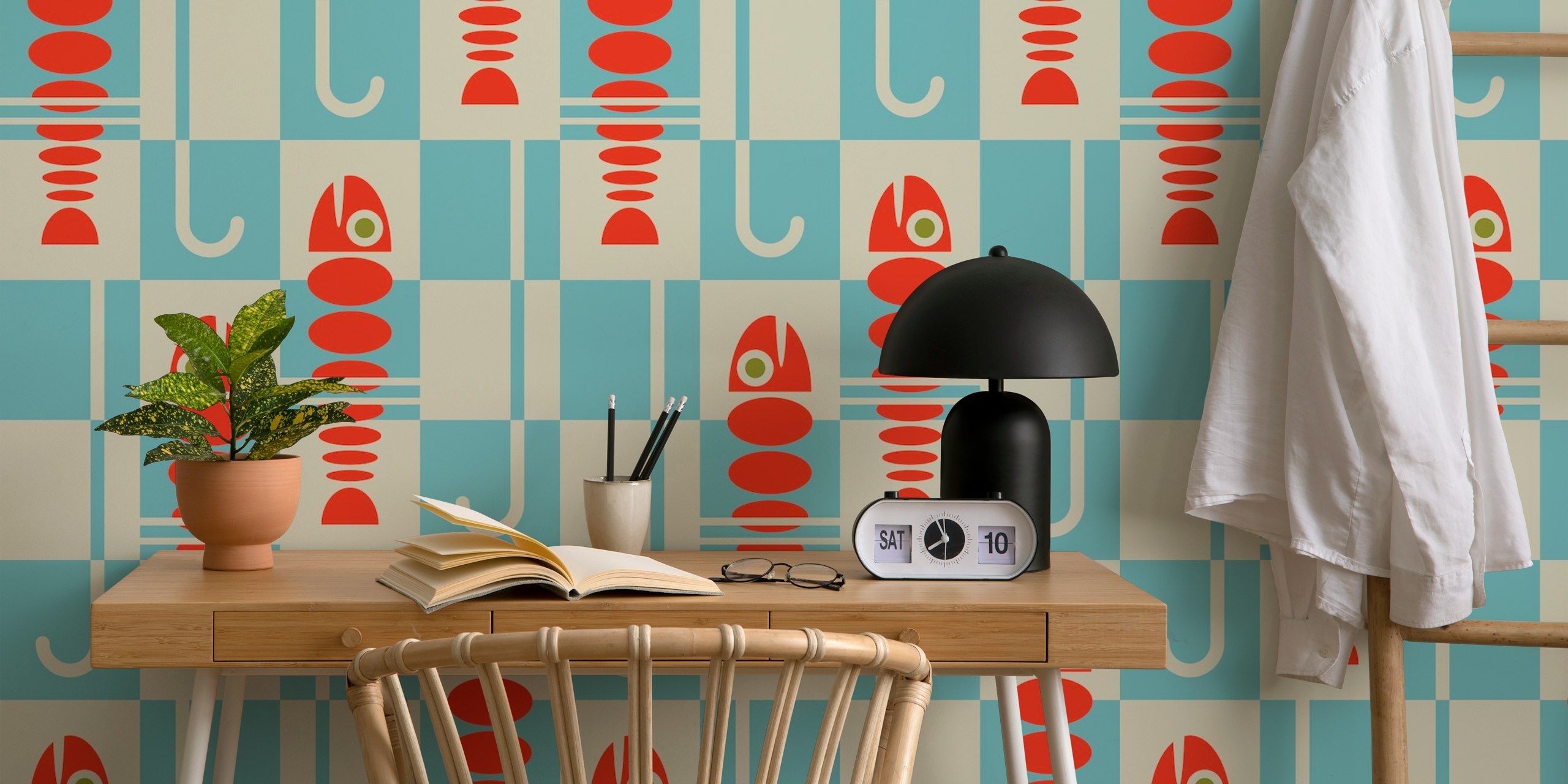 Fish Dinner Mid-Century Retro Checkerboard behang in een kamer