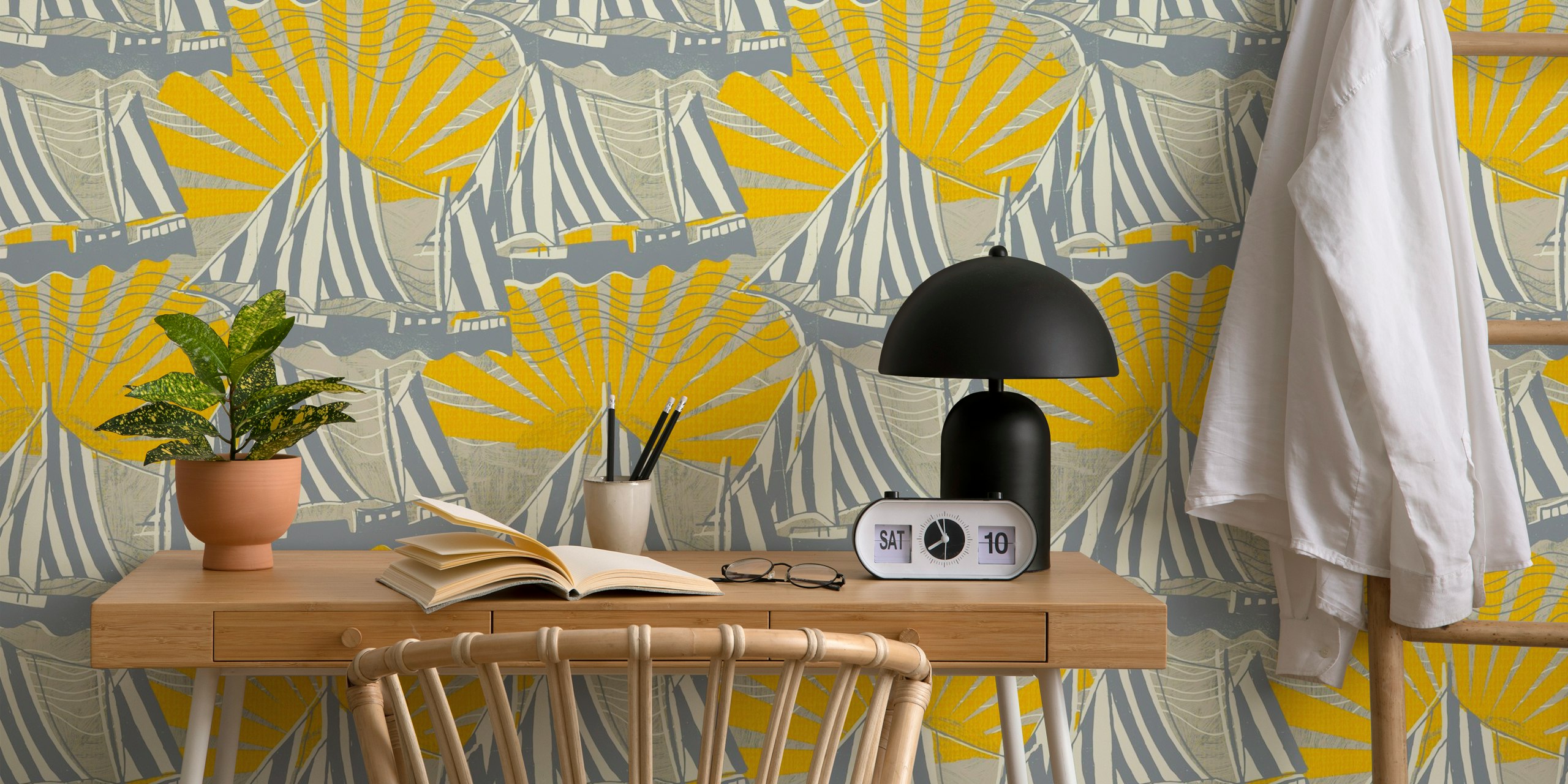 Sailboats and sun yellow grey tapeta u sobi