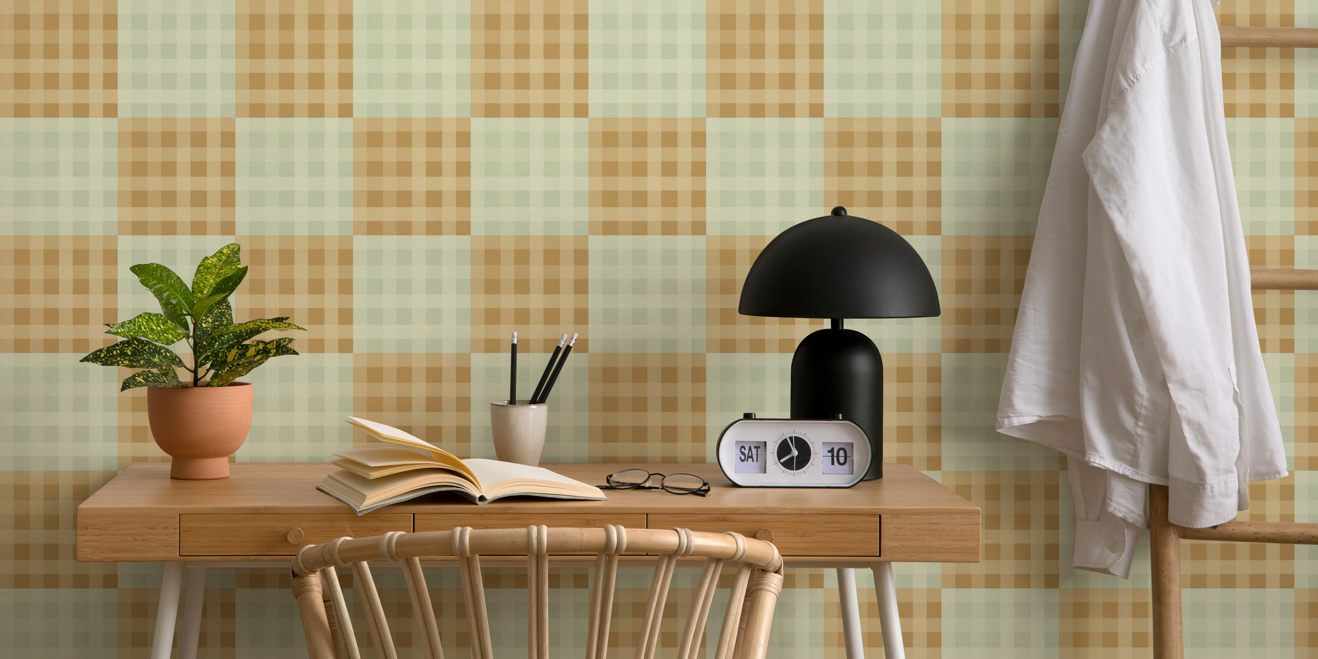 Muted pumpkin plaid pattern wallpaper in soft tones