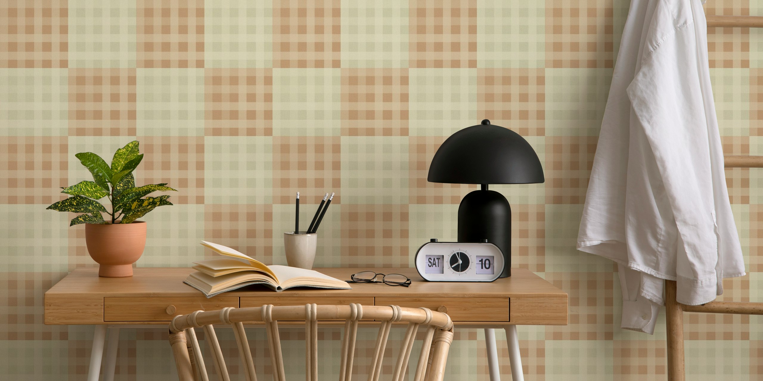 Muted Harvest Plaid wallpaper in a stylish room