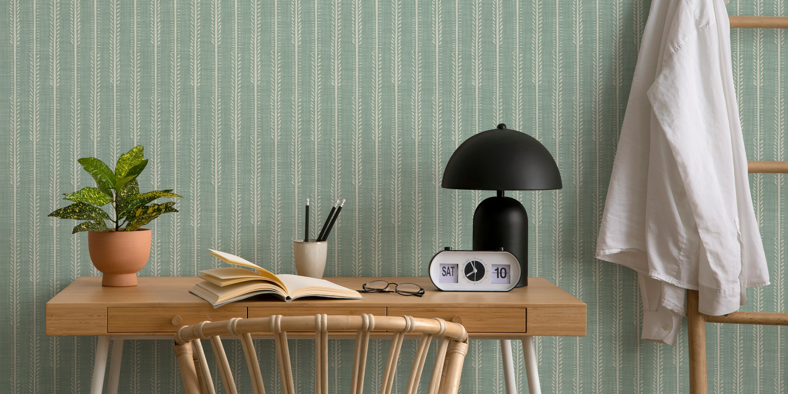Sage green striped wallpaper with botanical motifs in white, modern design wallpaper