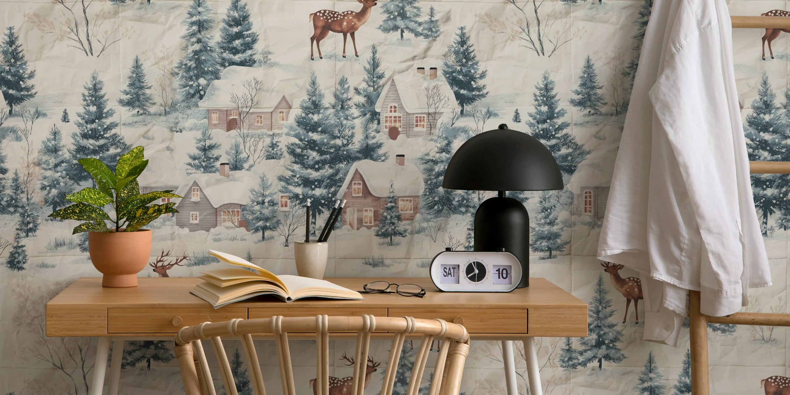 Winterland scene with cabins and deer in blue hues wallpaper