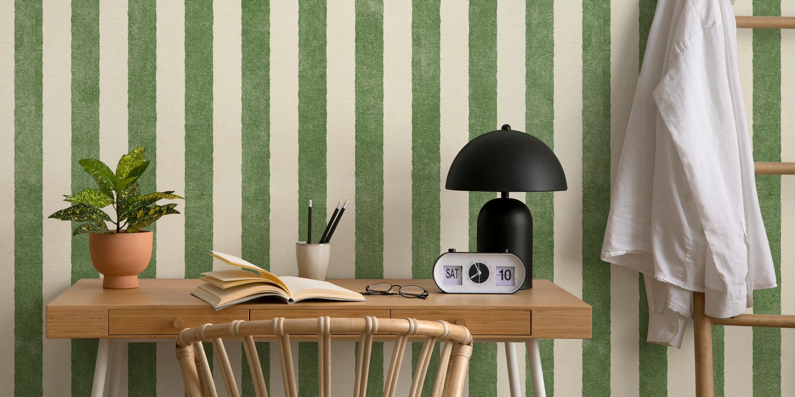 Olive green and cream striped wallpaper design