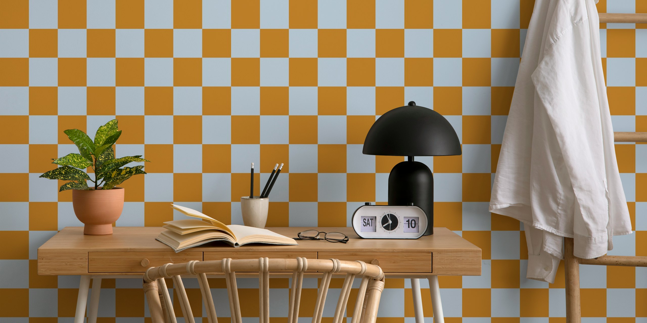 Fog Blue and Desert Sun Checkerboard wallpaper in a room