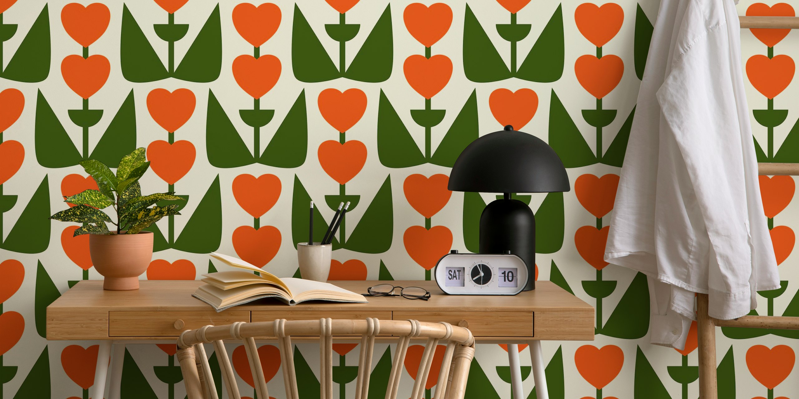 Retro Heart Flowers Orange Green wallpaper design