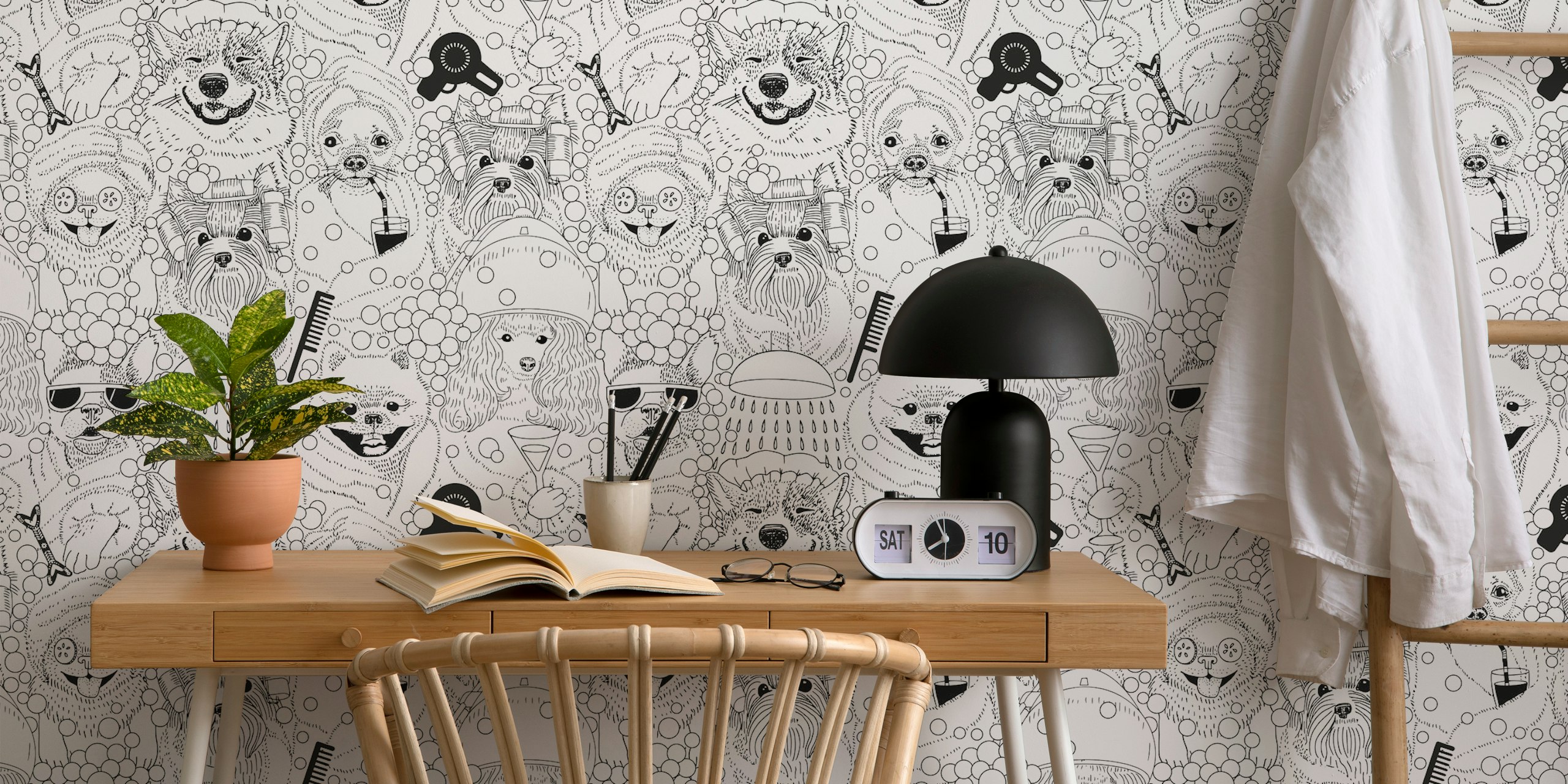 Musta-valkoinen tapetti, jossa on happy dogs spa