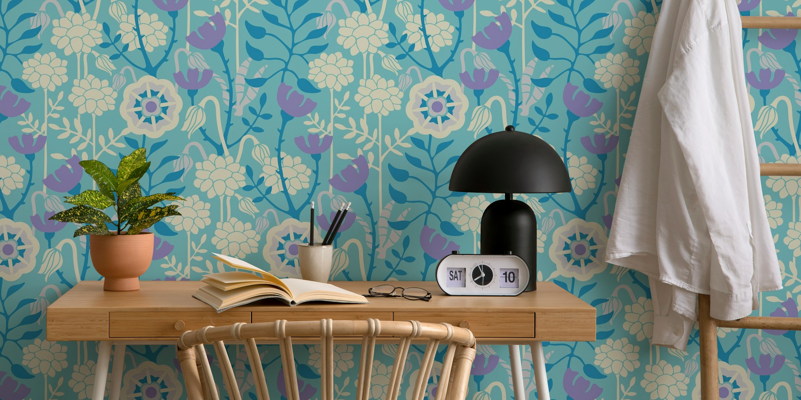 Design de papel de parede botânico floral retrô em um quarto