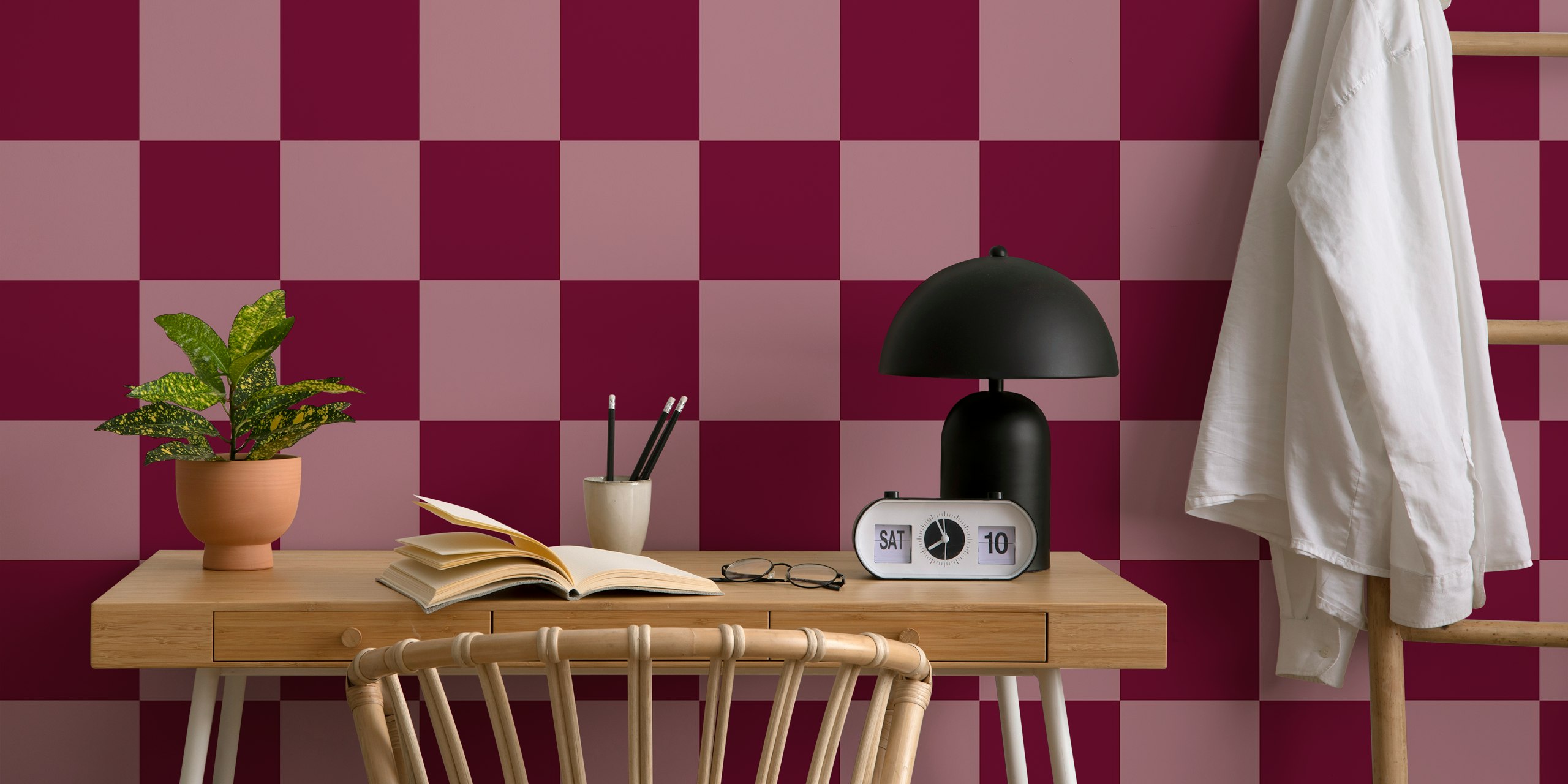 Elegant burgundy blocks wallpaper in a room