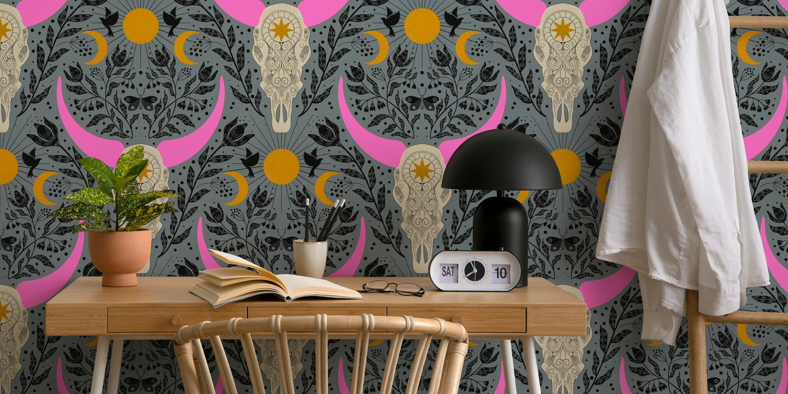 Western Gothic Cow Sculls wallpaper in a room