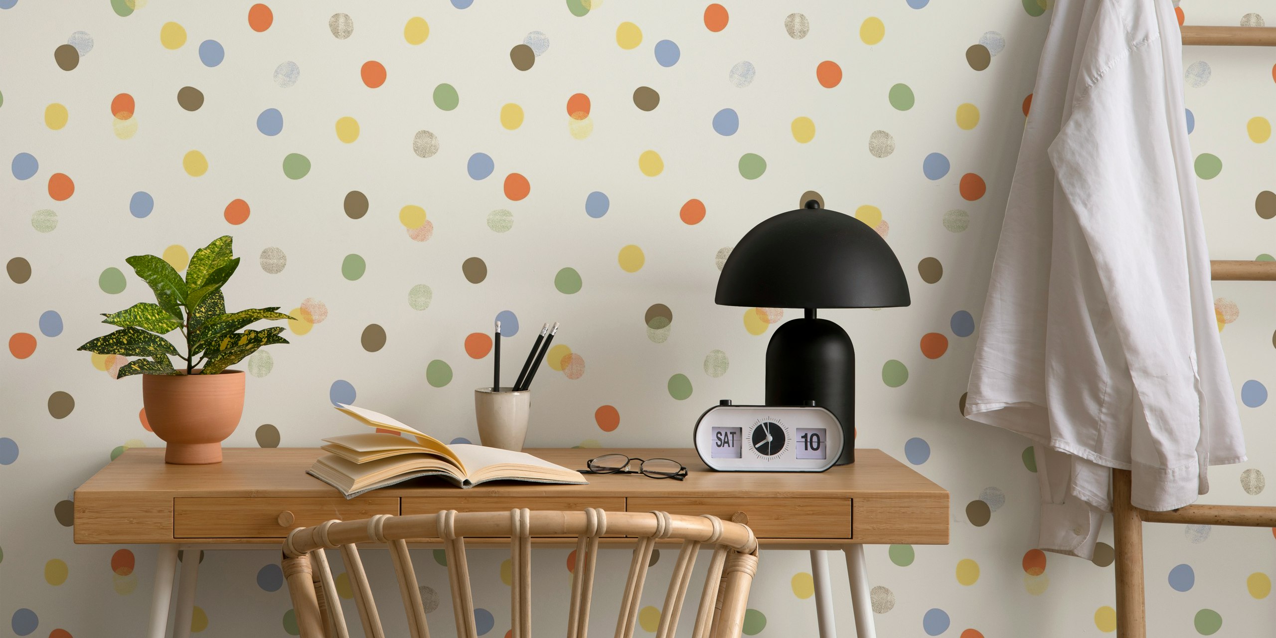 Colorful polka dots in blue, orange, yellow on cream background wallpaper