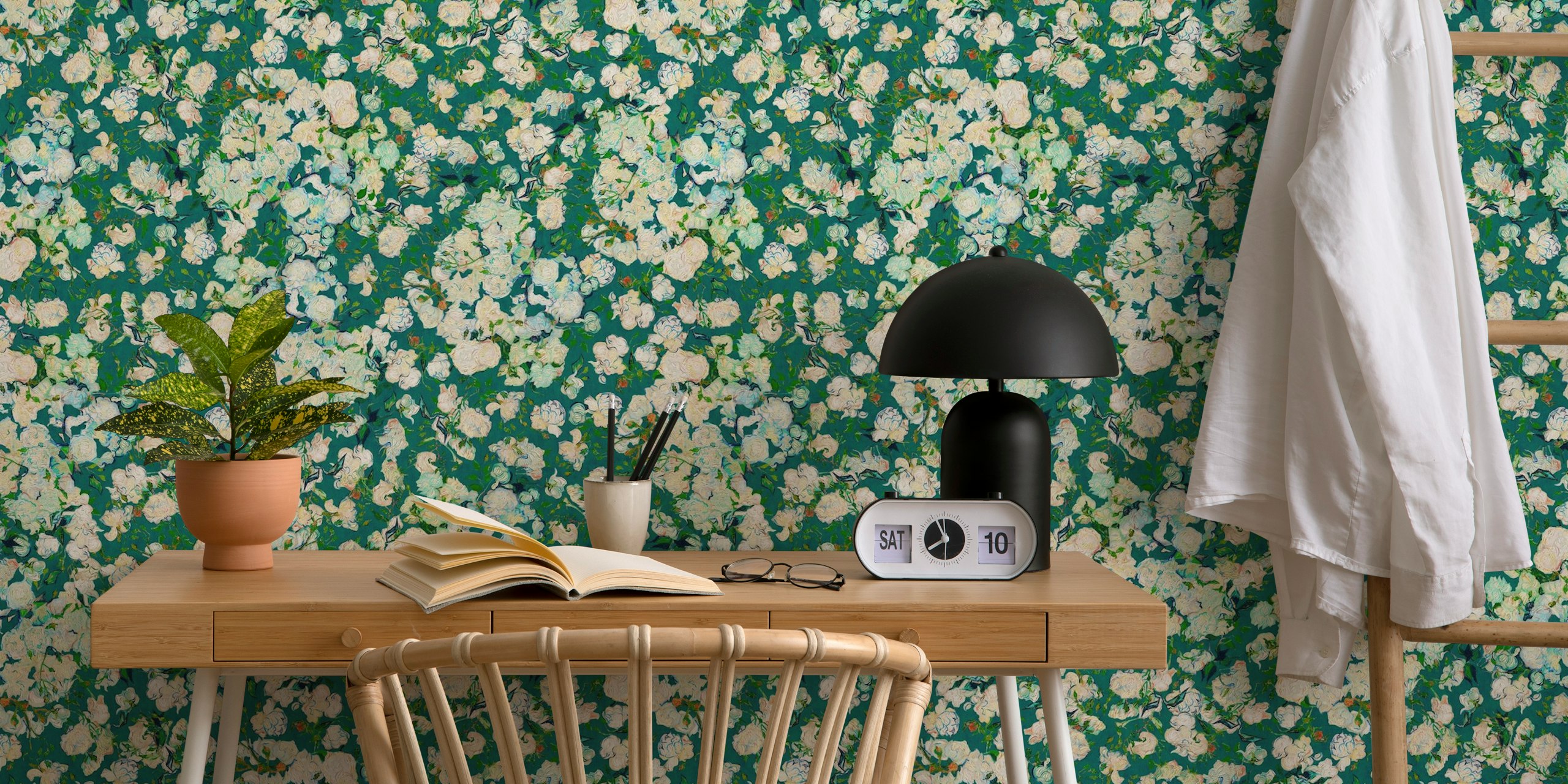 Vincent Van Gogh Roses in Viridian Green wallpaper in room