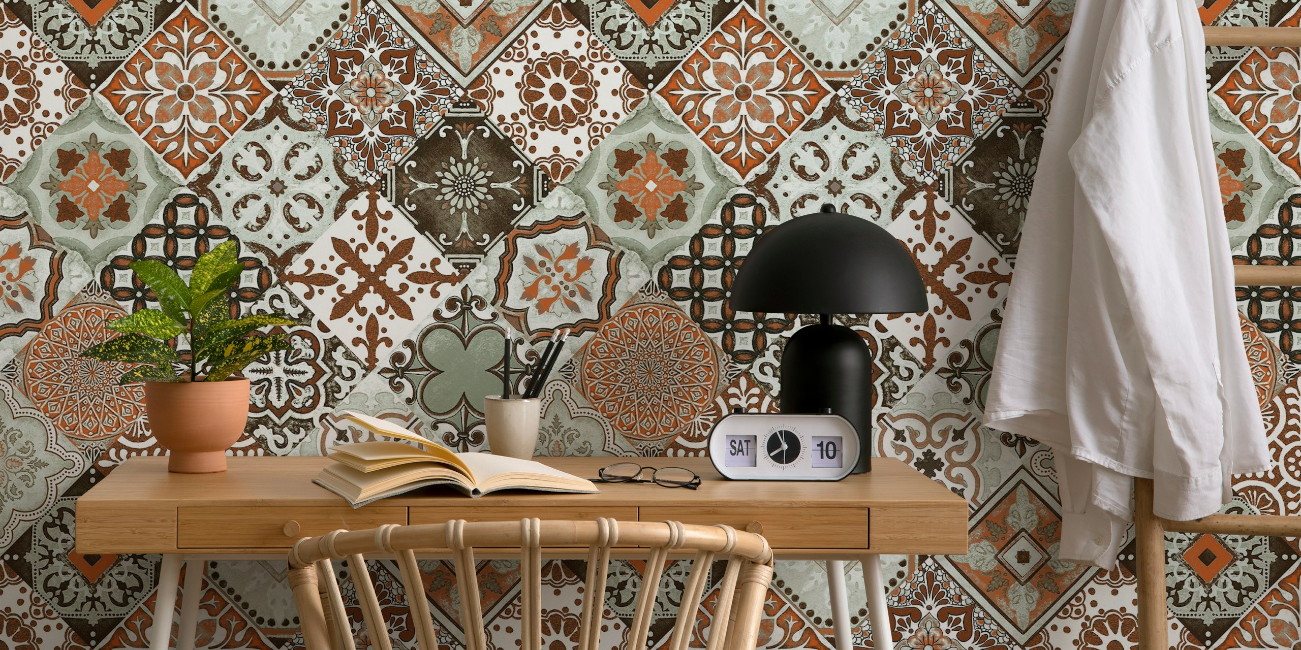 Talavera tile wallpaper featuring sage, orange, and brown patterns
