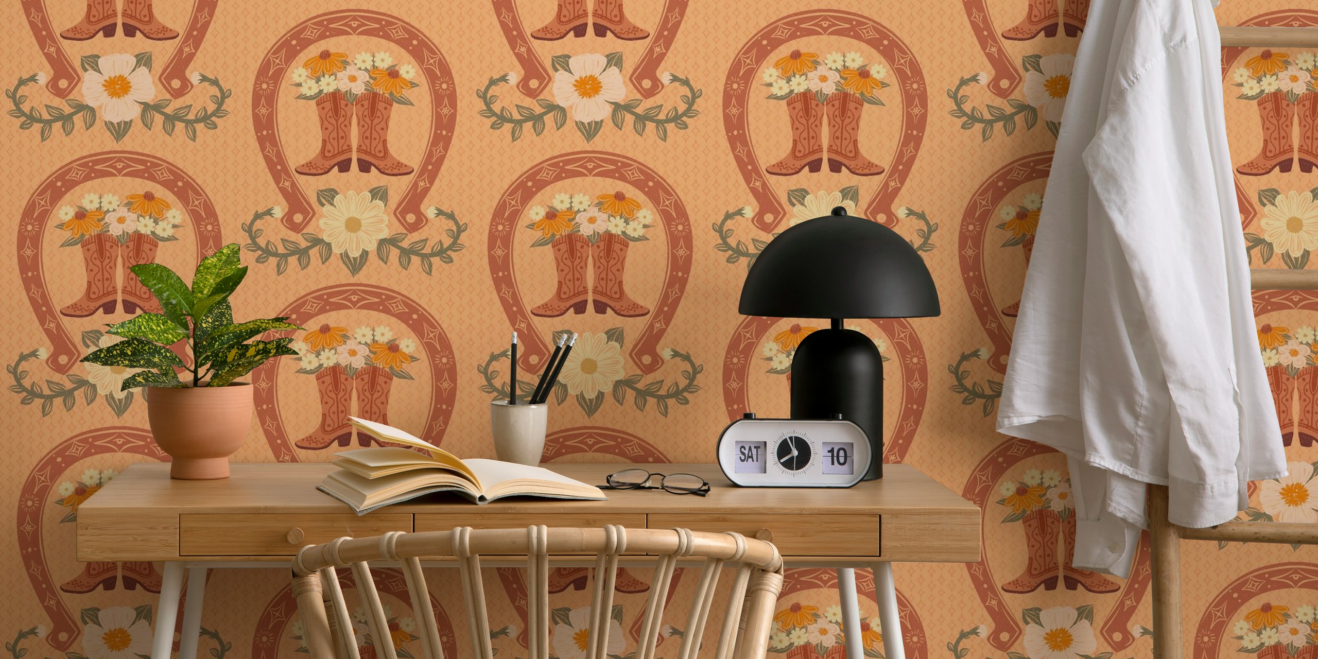 Bohemian floral boots wallpaper in a room