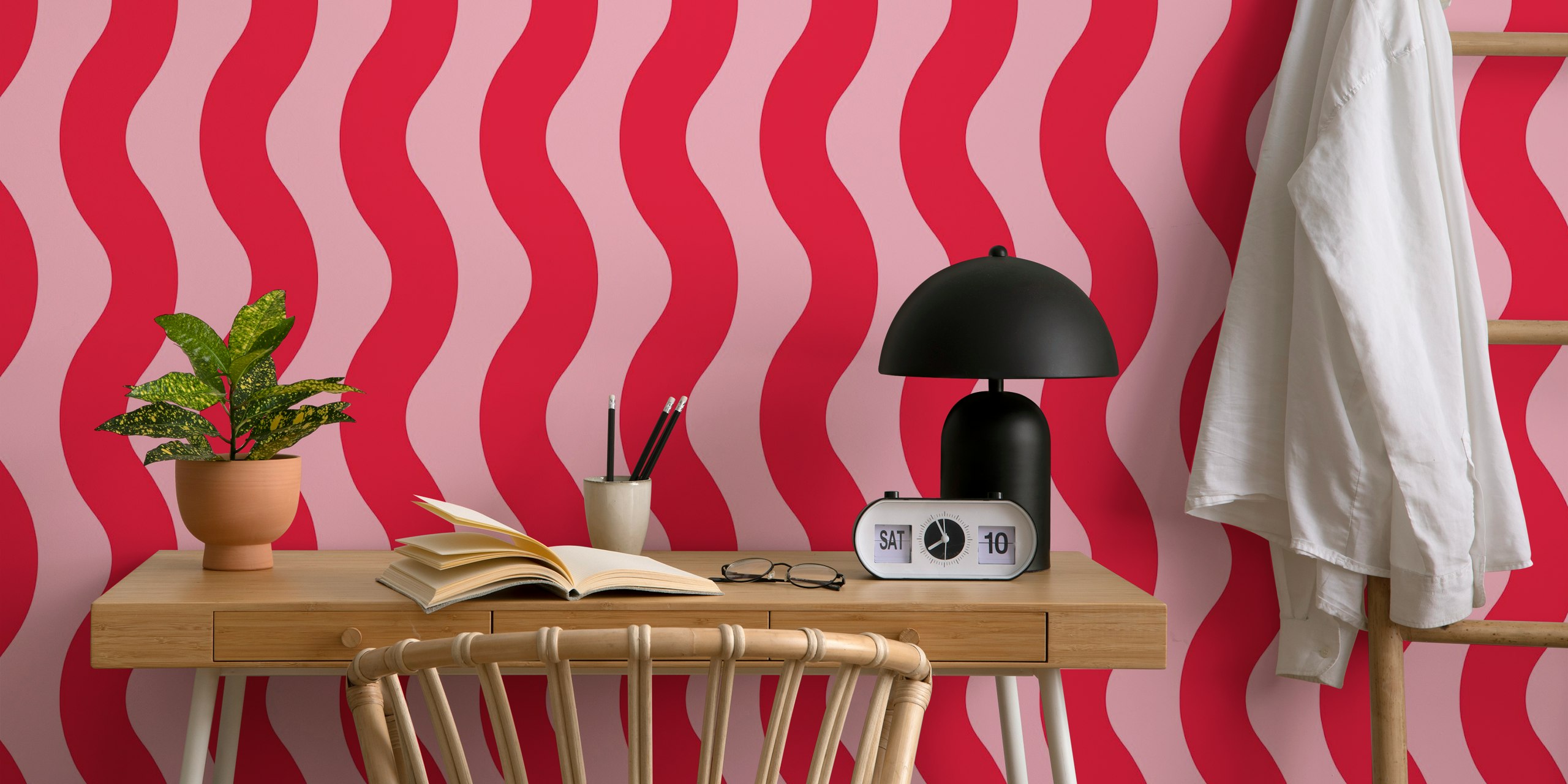 Pink and Crimson Red Modern Waves wallpaper in a room