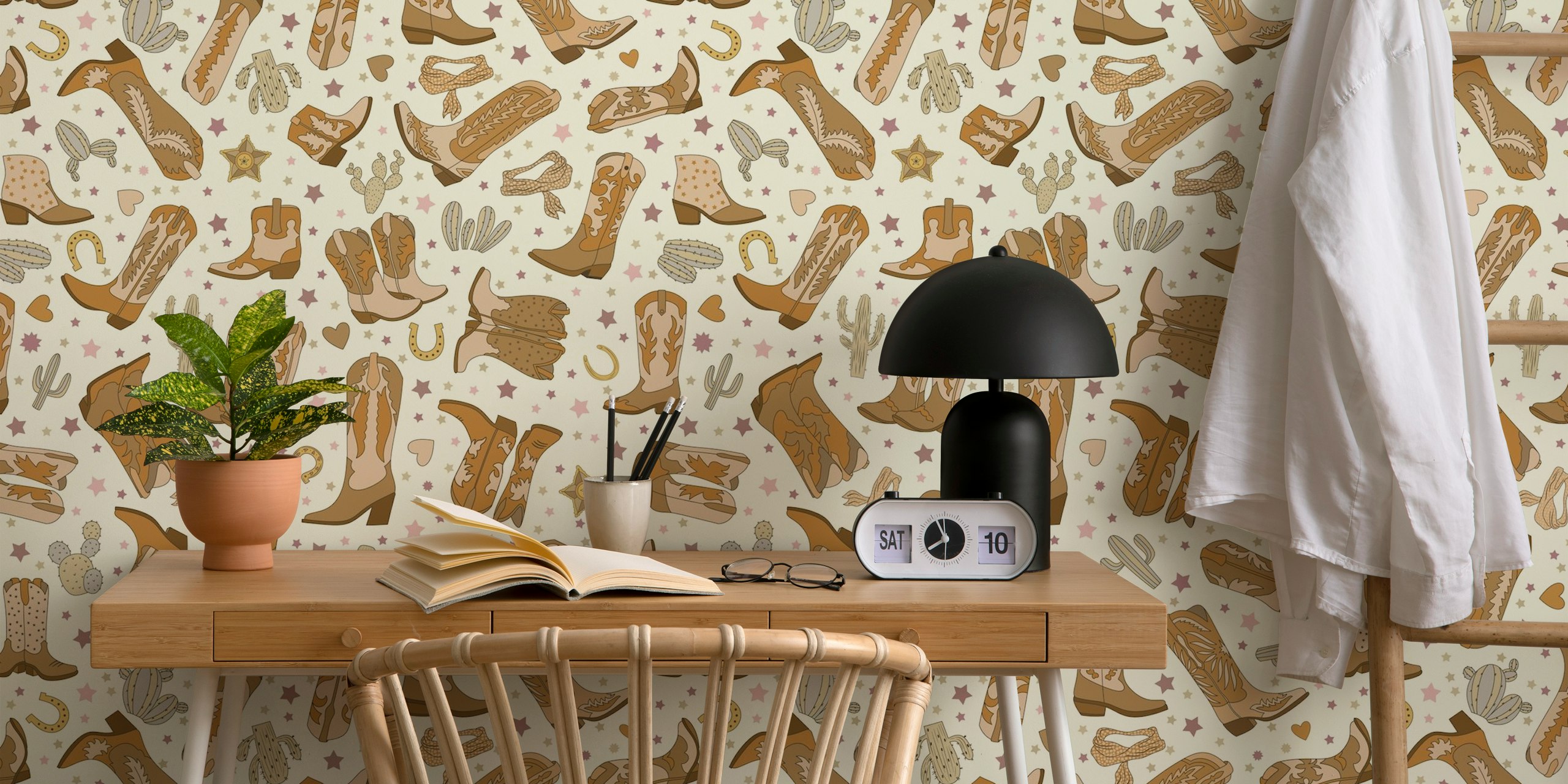 Cowgirl boots, cacti, and stars in warm tones wallpaper