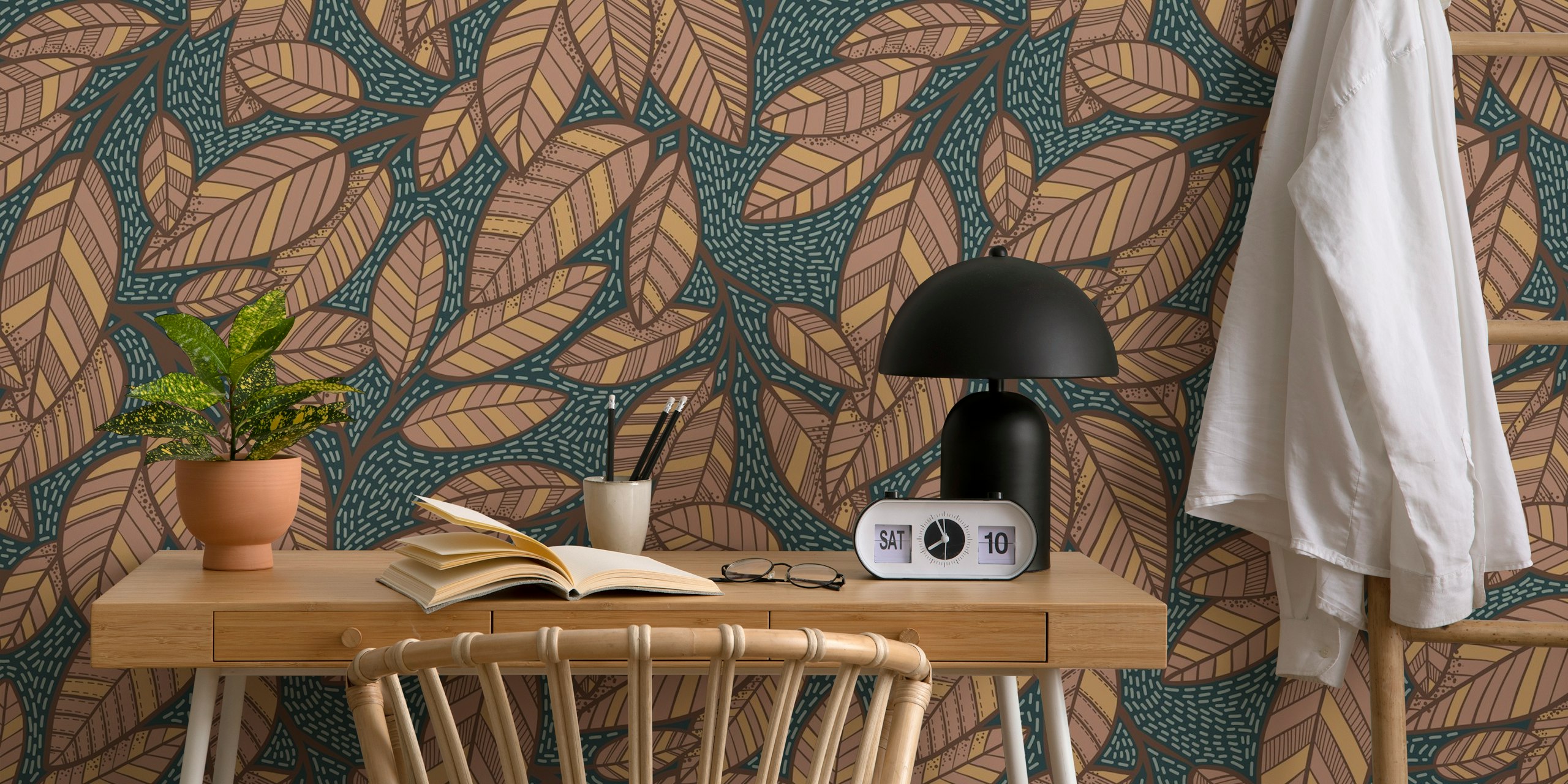 Teal background with intricate brown floral leaf patterns wallpaper