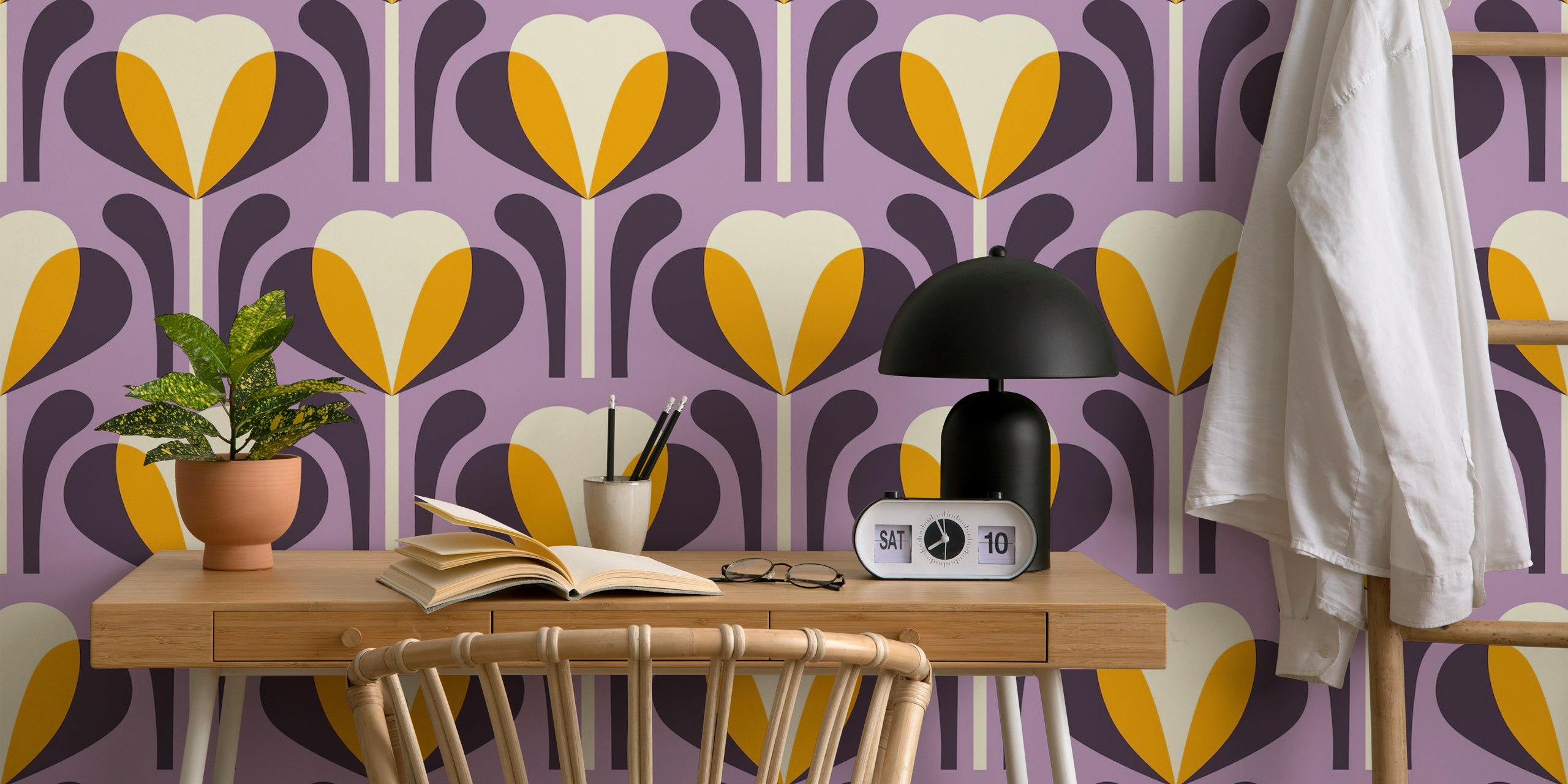 Heart-shaped floral patterns in purple and orange wallpaper