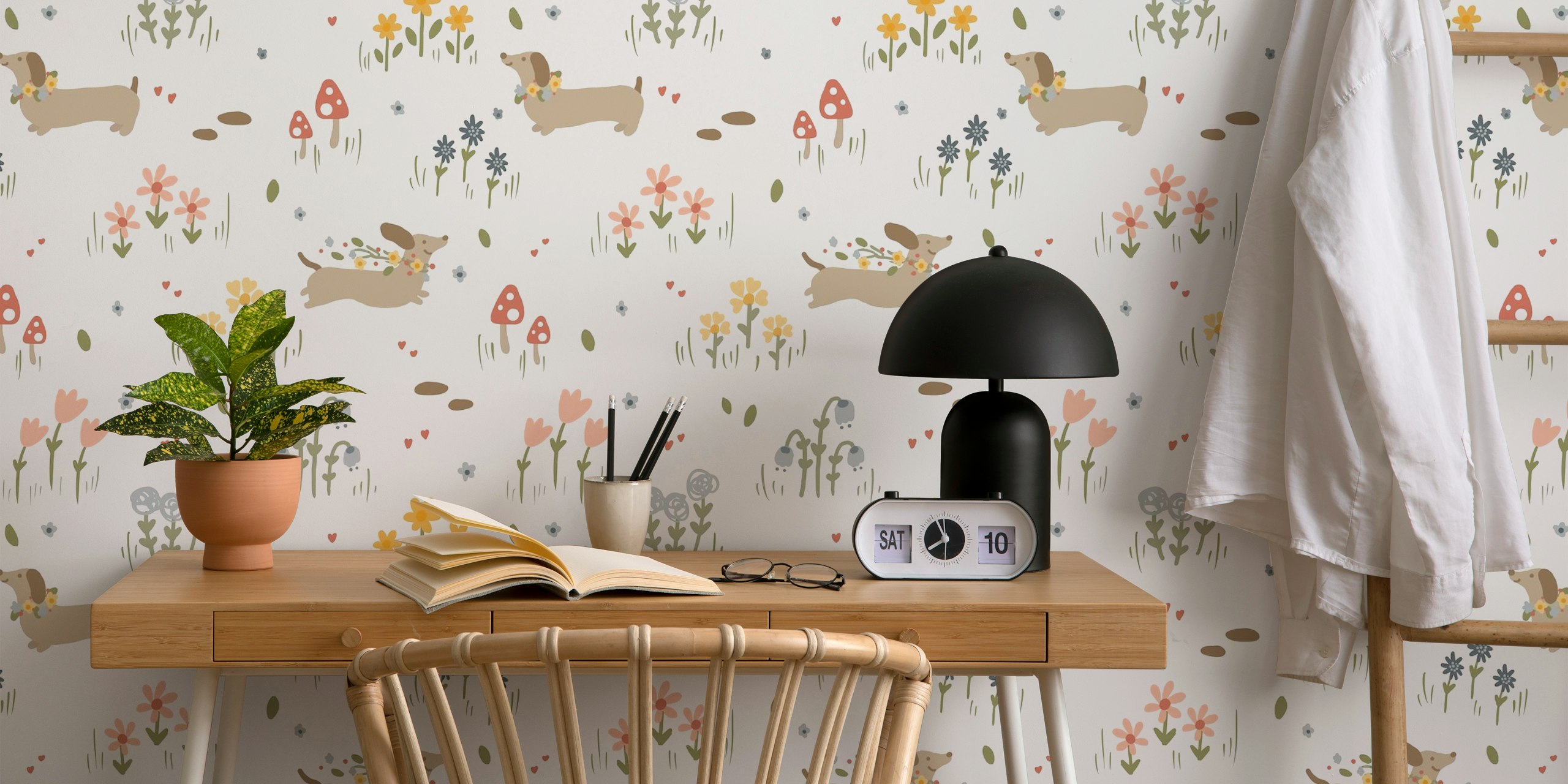 Dachshunds, colorful wildflowers, playful design, wallpaper