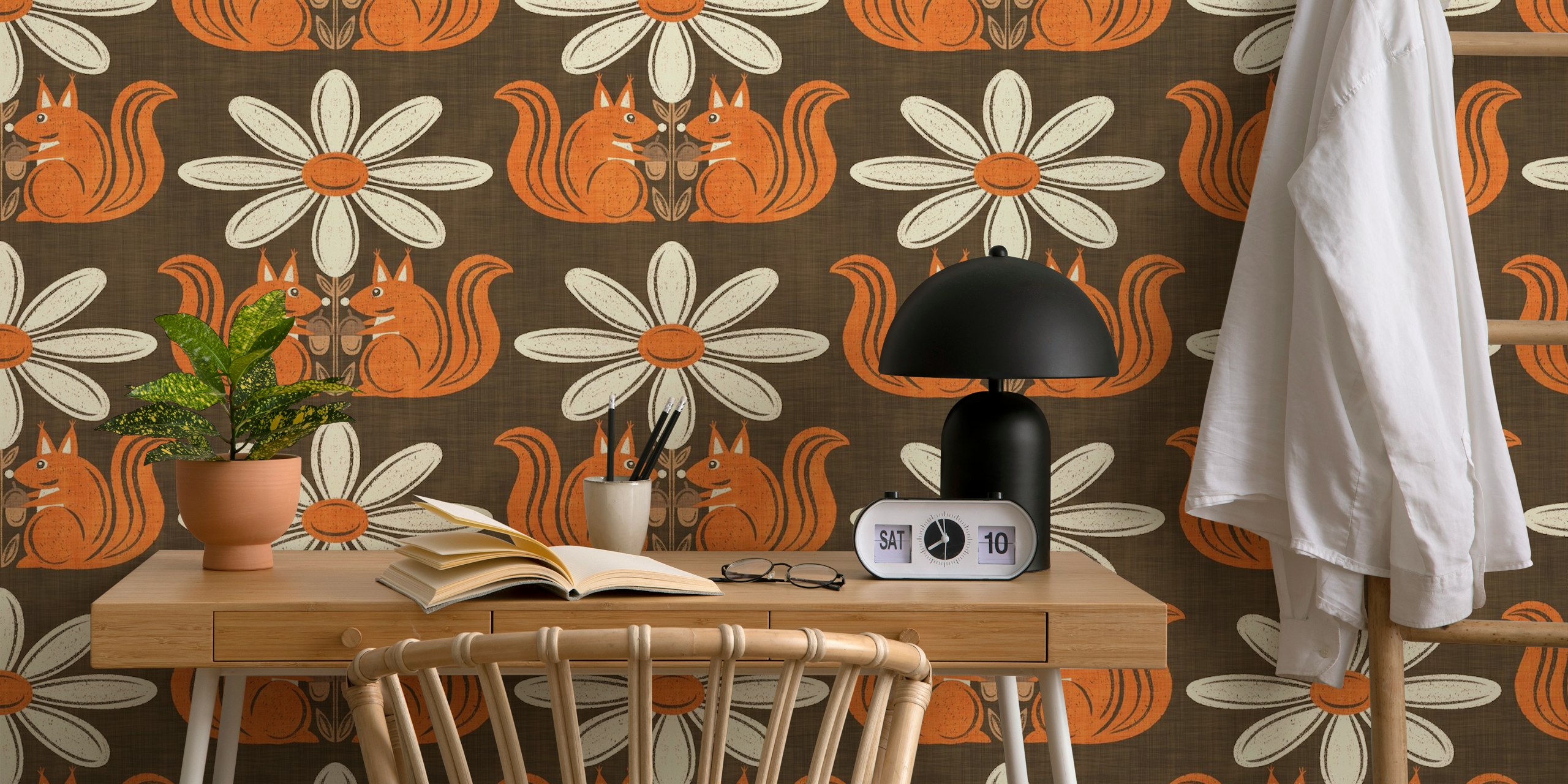 Retro Daisy Floral Squirrels wallpaper design