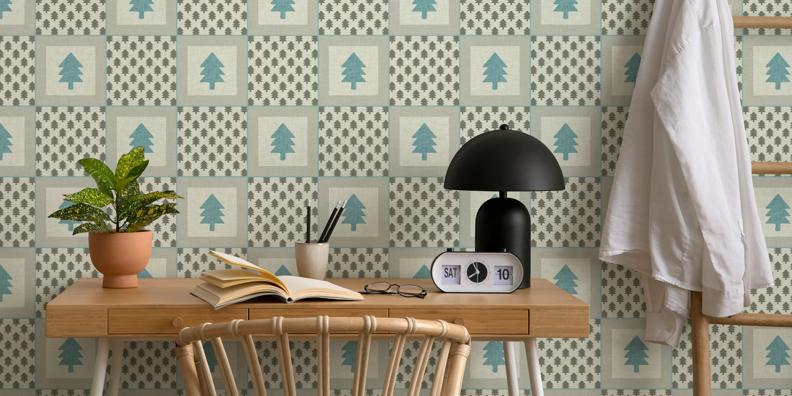 Fir tree grid neutral grey tapetti huoneessa