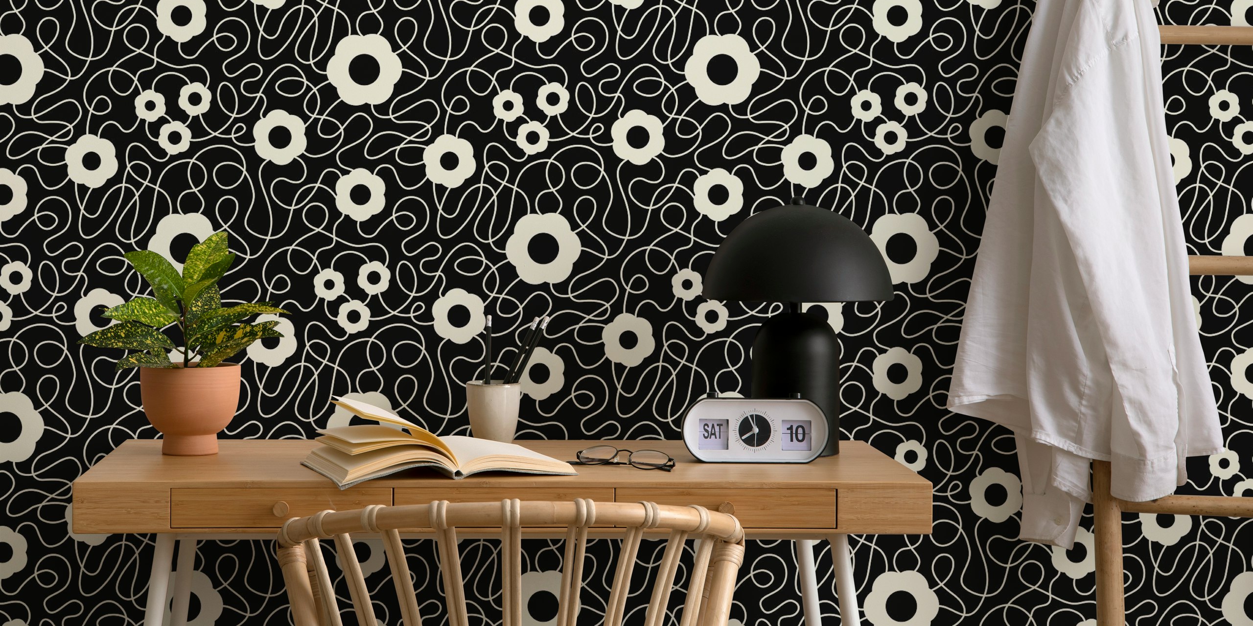 Abstract Floral Dance Black and White tapeta