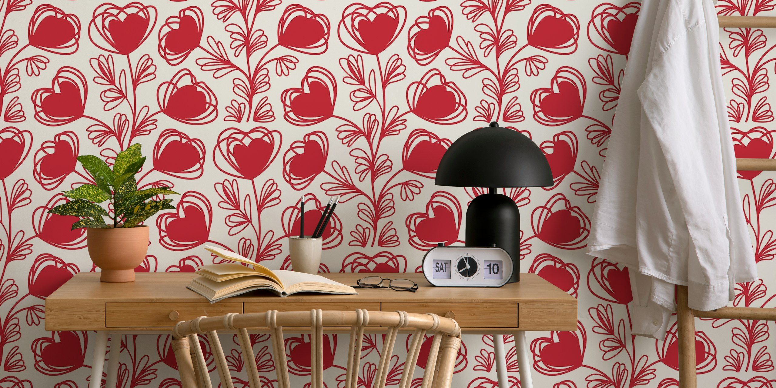 Sweetheart Plant Motif Red wallpaper in a room
