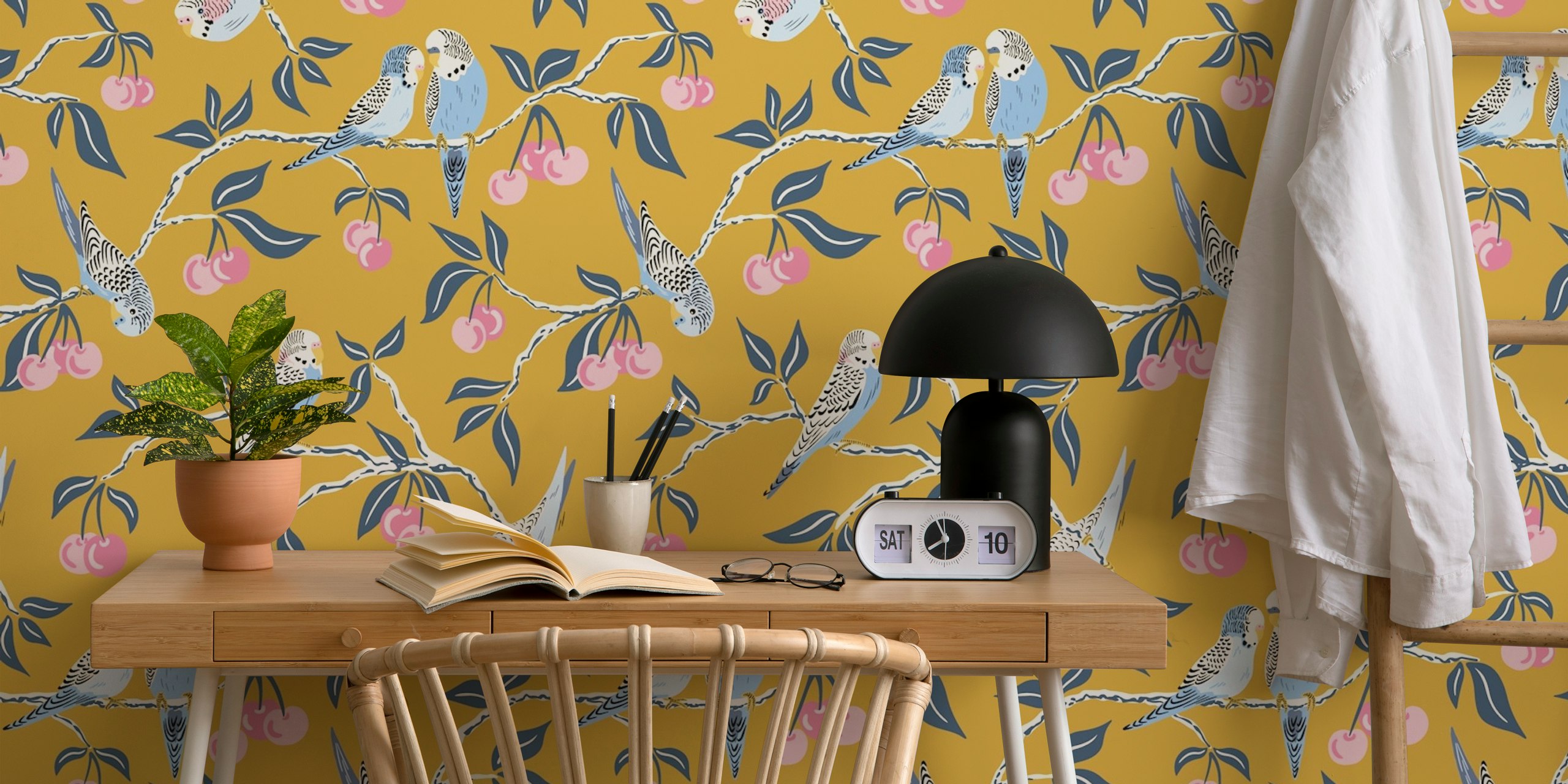 Budgies in a cherry tree wallpaper design