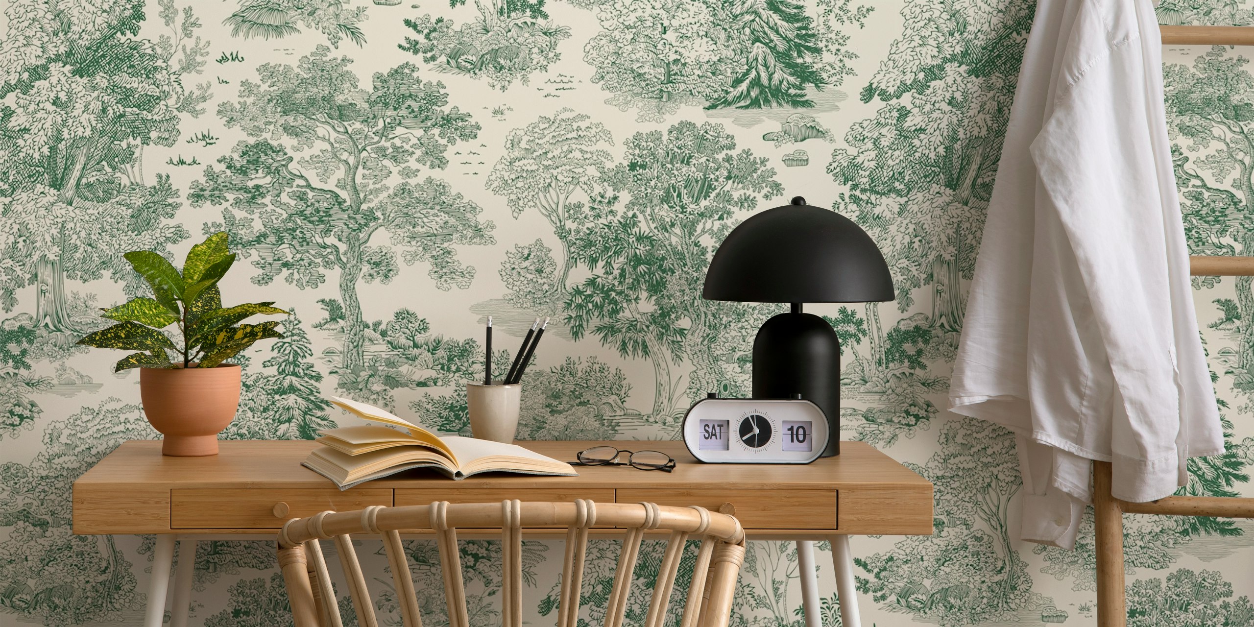 Detailed green tree illustrations on a light background wallpaper