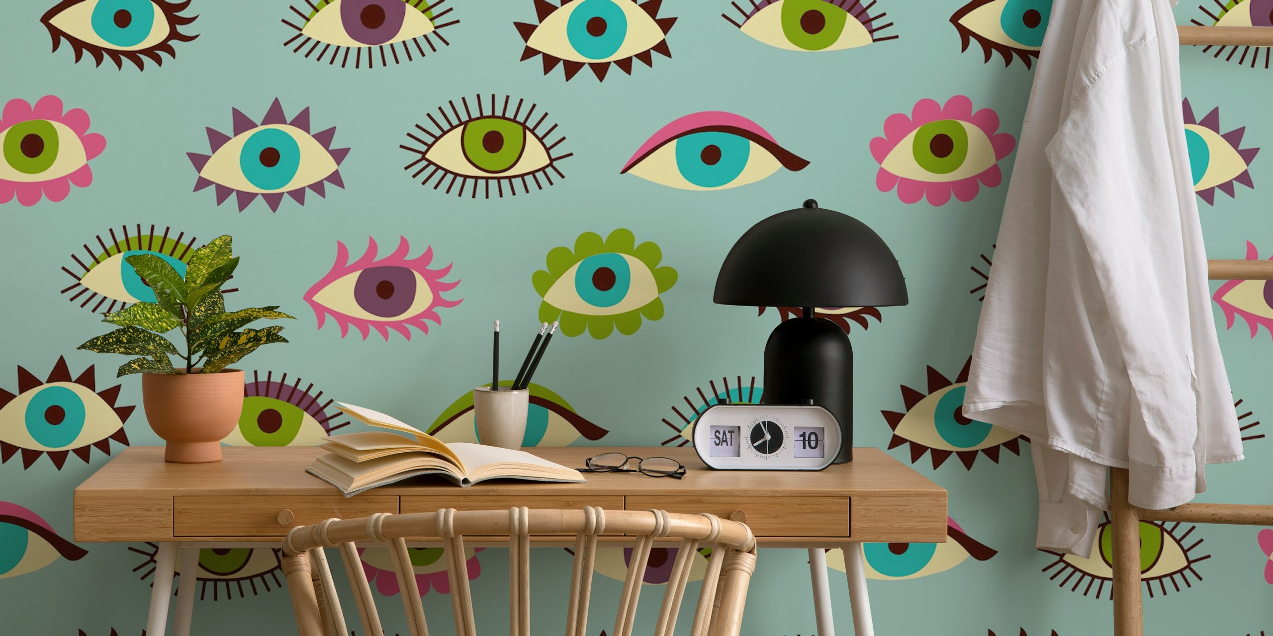 Colorful eye pattern wallpaper in a room
