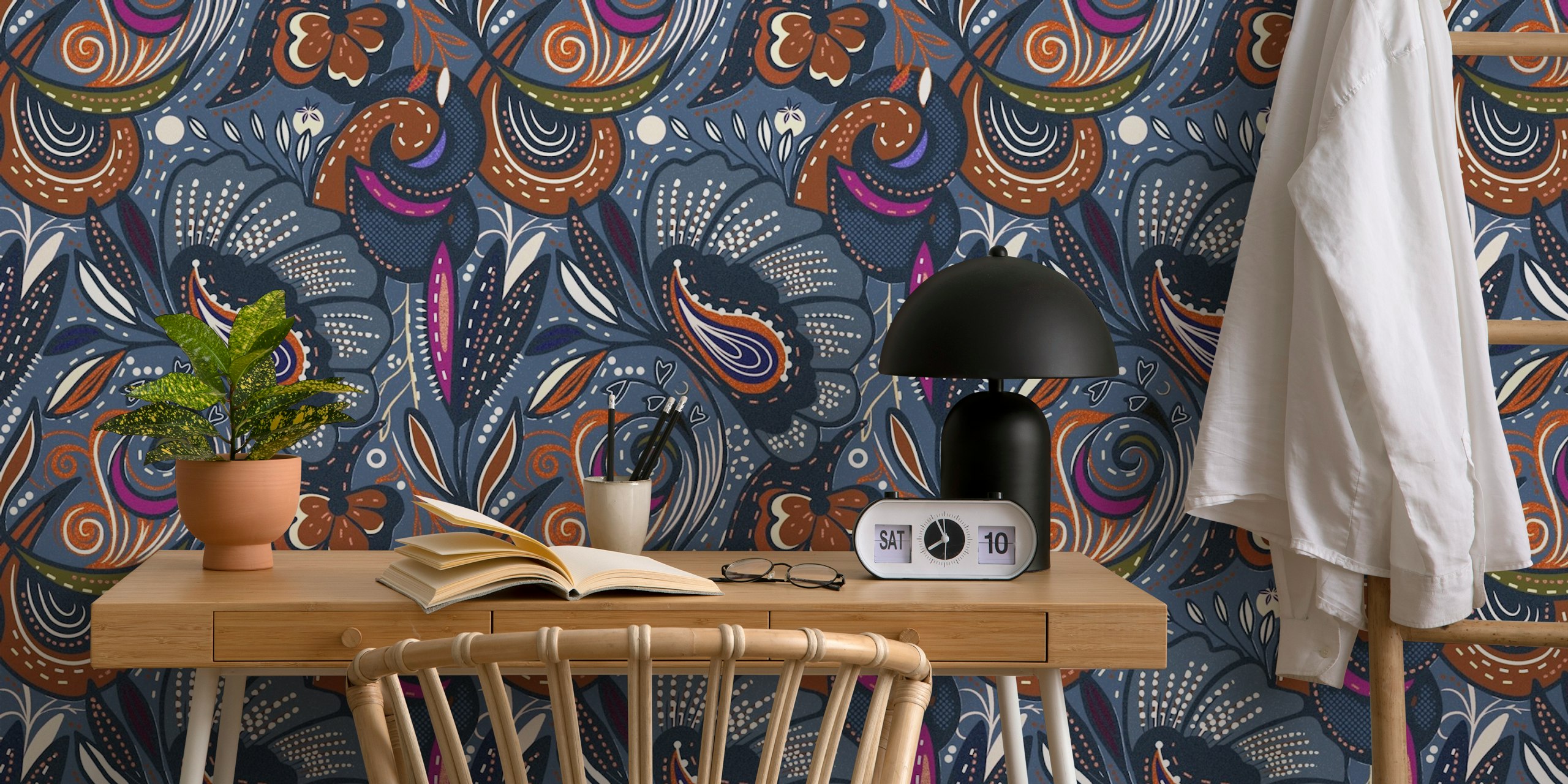 Bohemian floral pattern with navy, orange, and white elements wallpaper