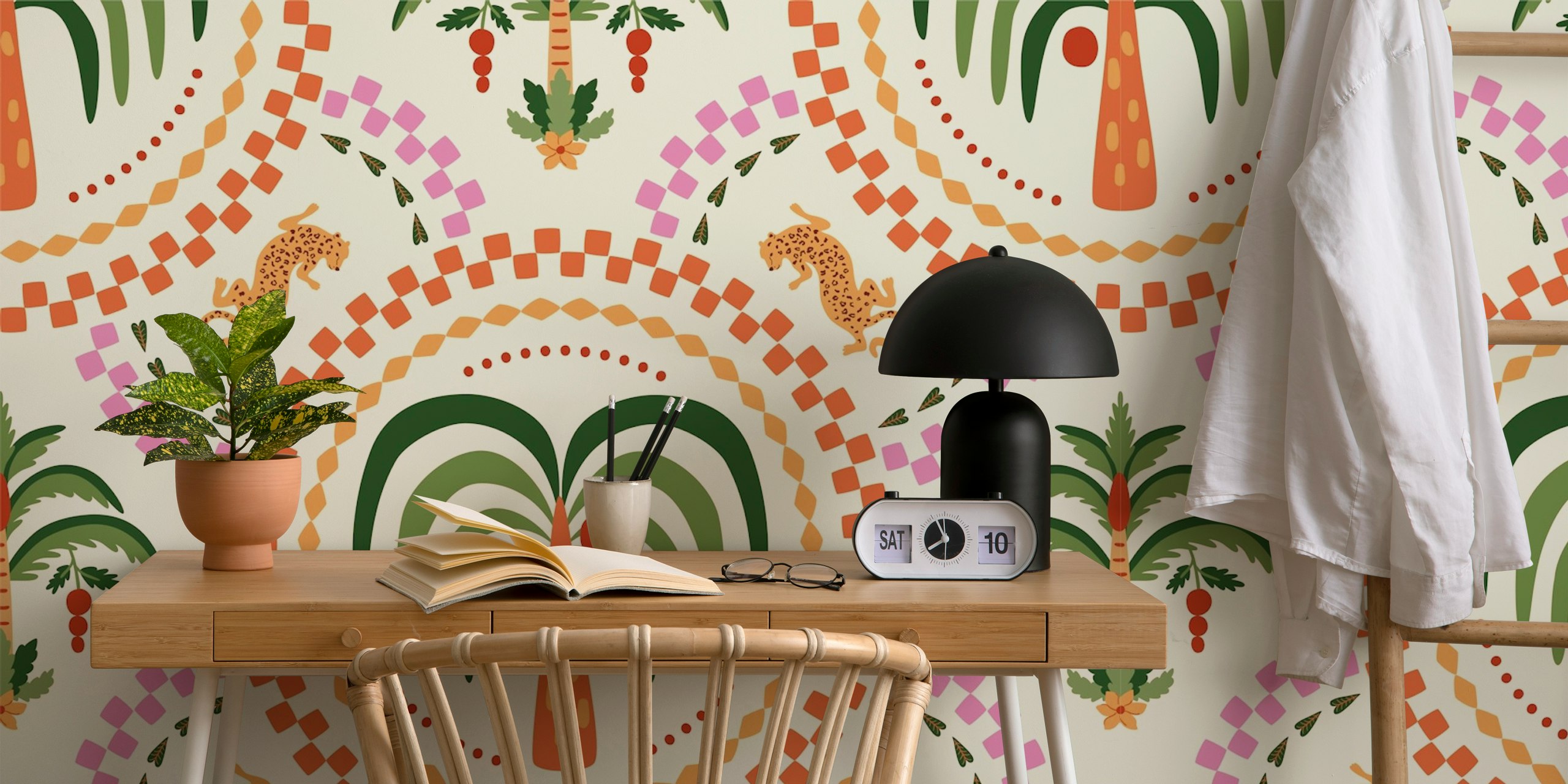 Palm and Leopard Elegance wallpaper in a room