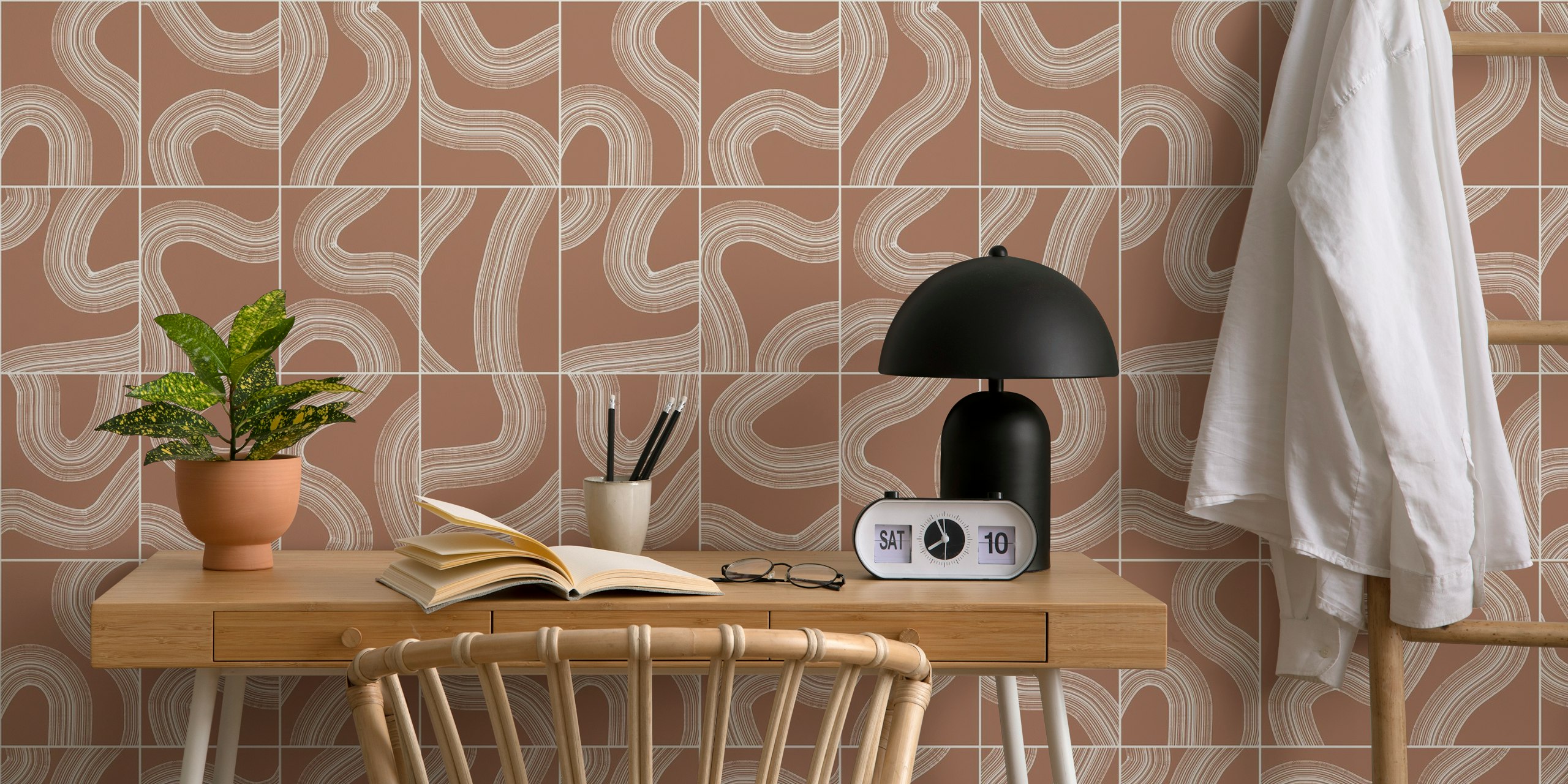 Mocha brown abstract wavy lines pattern wallpaper