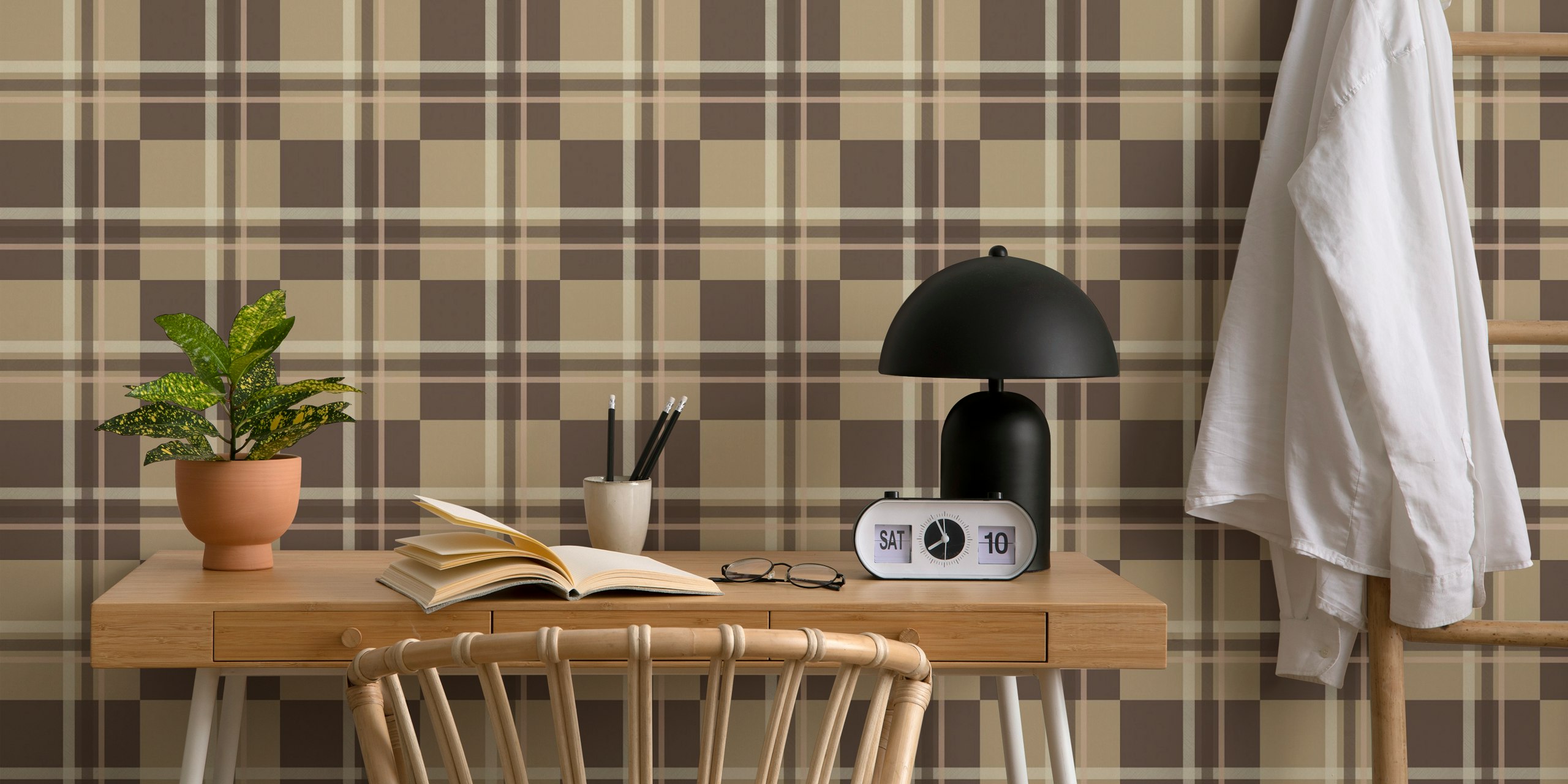 Coffee Safari Plaid wallpaper in a room