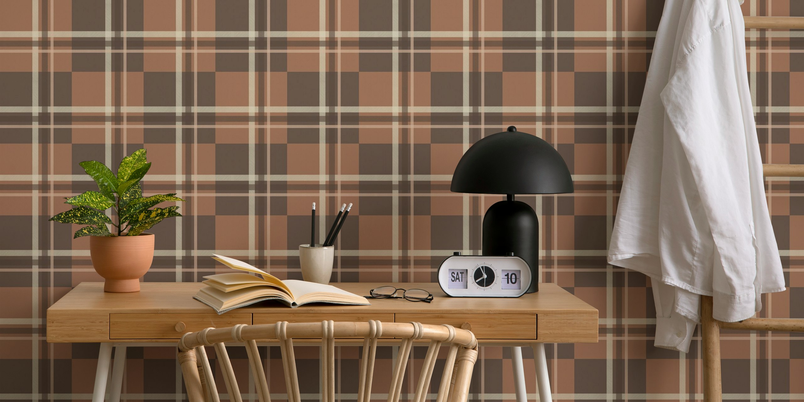 Mocha Mousse Coffee Plaid wallpaper in a room