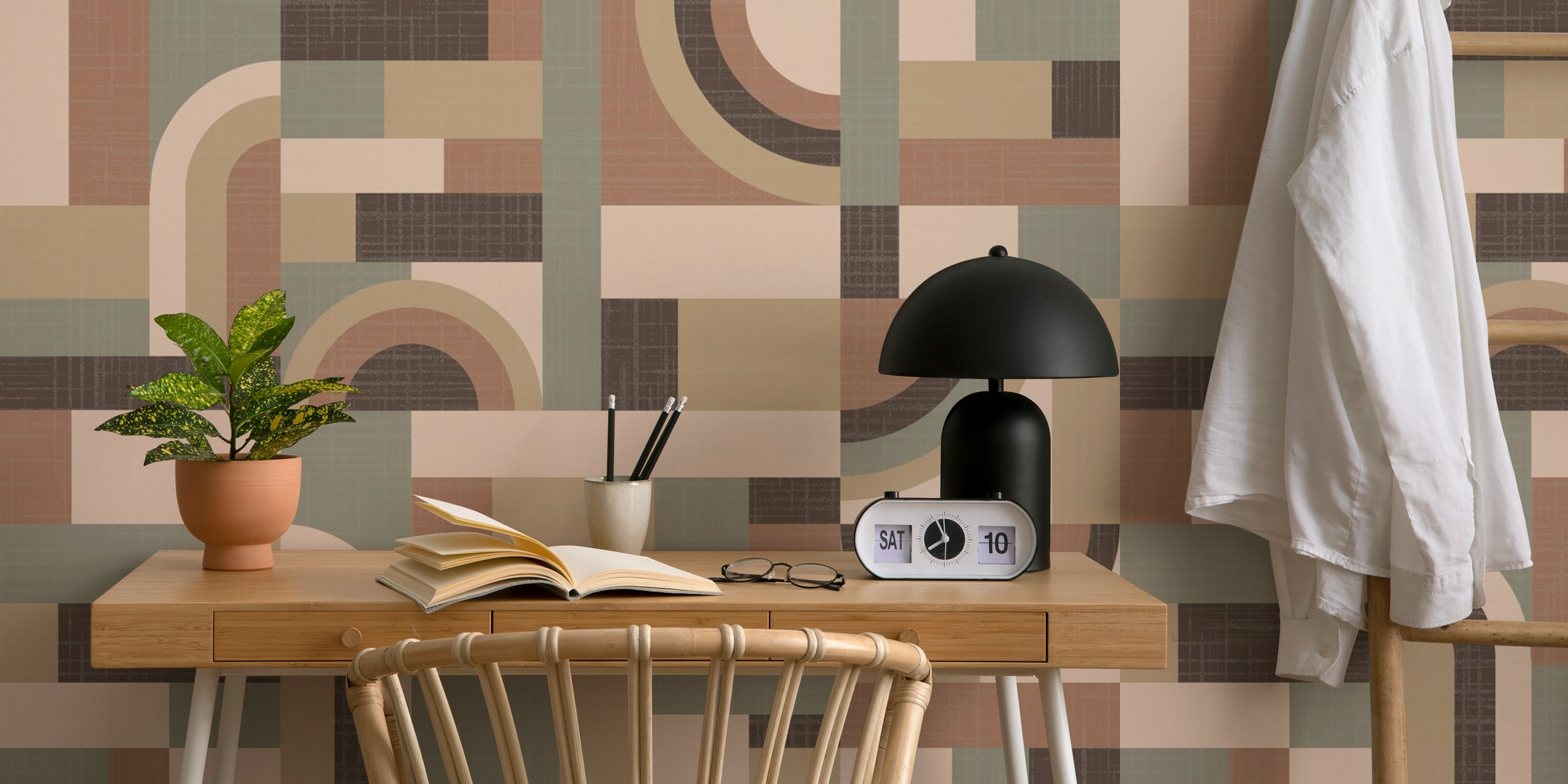 Geometric pattern with soft brown, beige, and green tones wallpaper