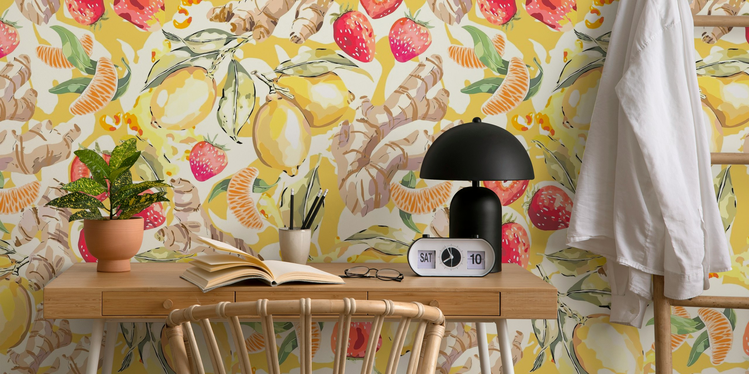 Yellow lemon and ginger illustration with red strawberries wallpaper