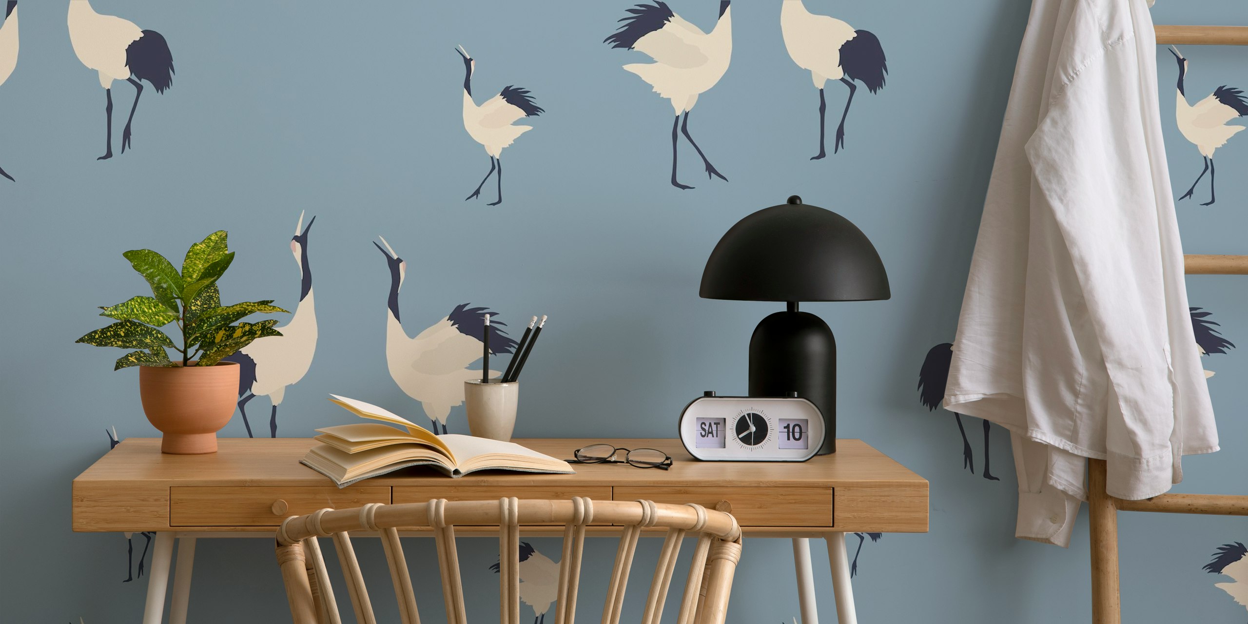 Crane wall mural with detailed white cranes on blue background wallpaper