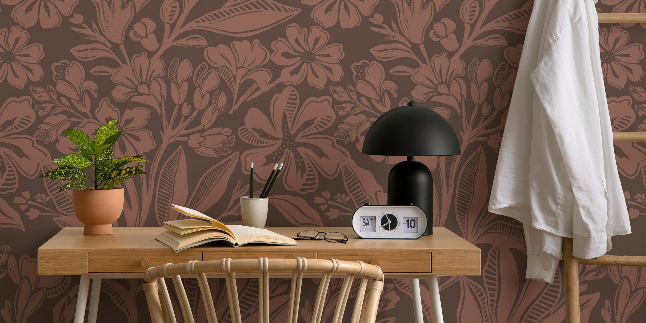 Rustic brown floral wallpaper in a room