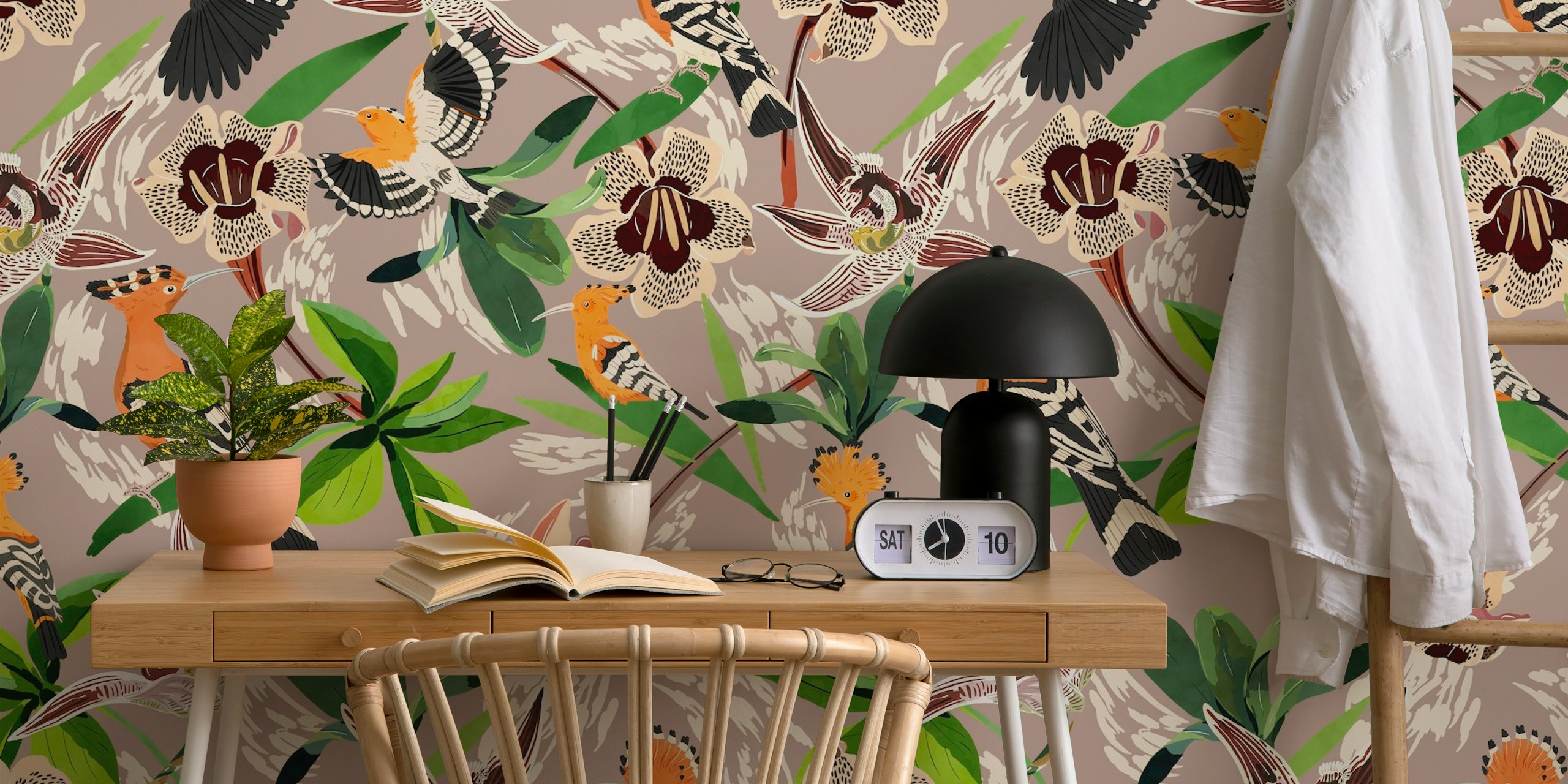 Colorful tropical birds and flowers on beige background wallpaper