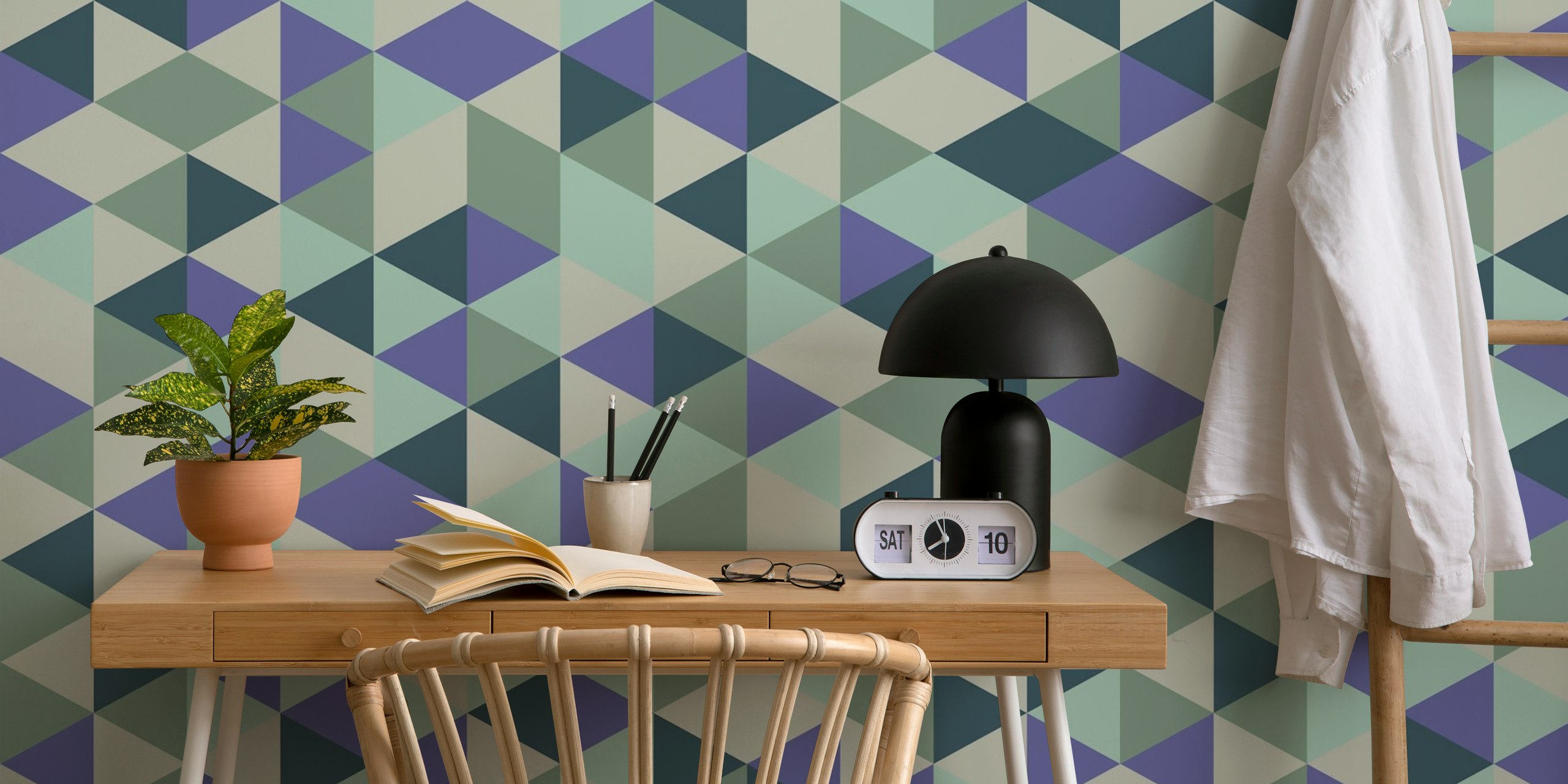 Cubist Aqua Mosaic wallpaper design in a room