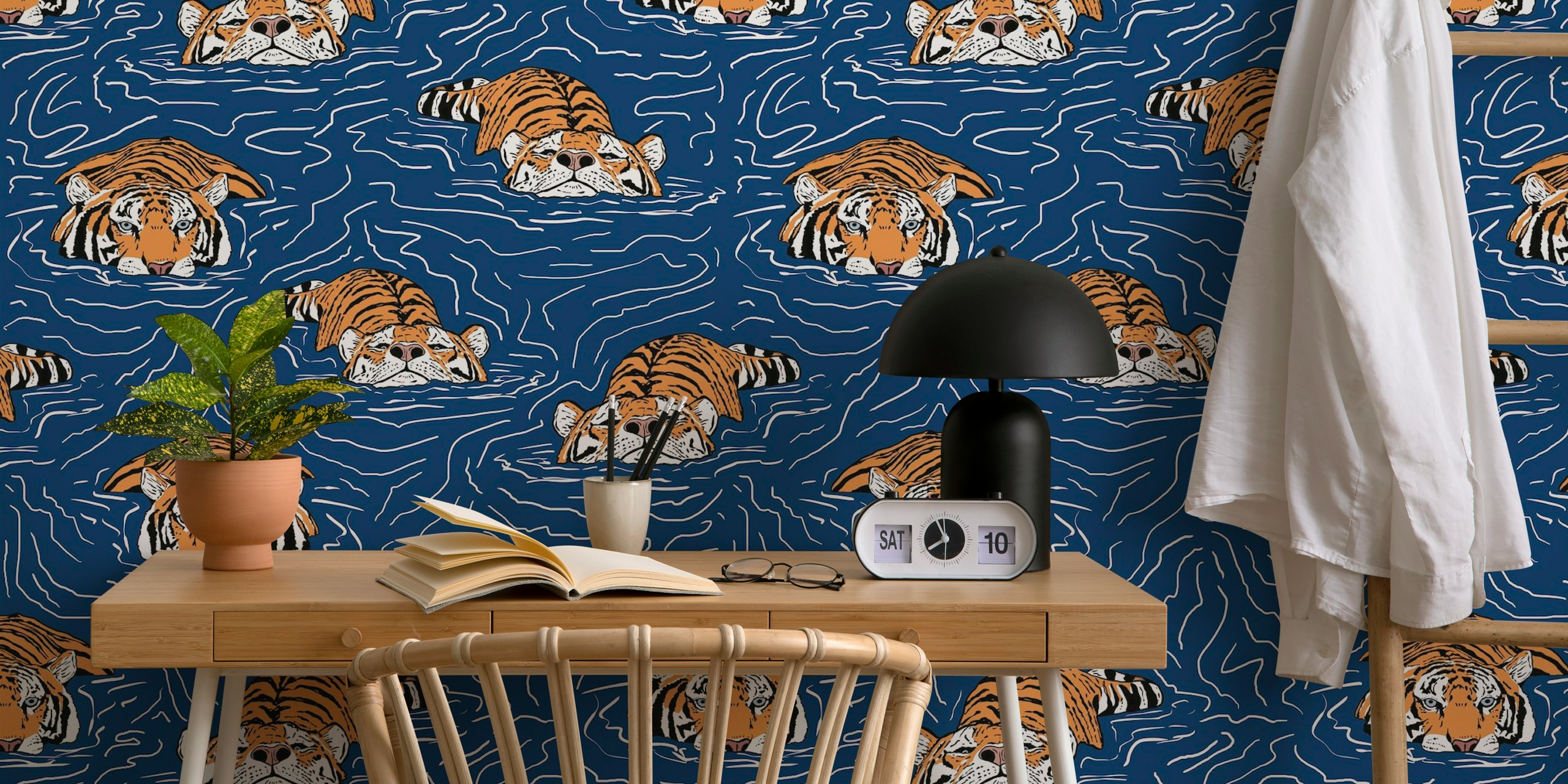 Swimming tigers in blue water pattern wallpaper