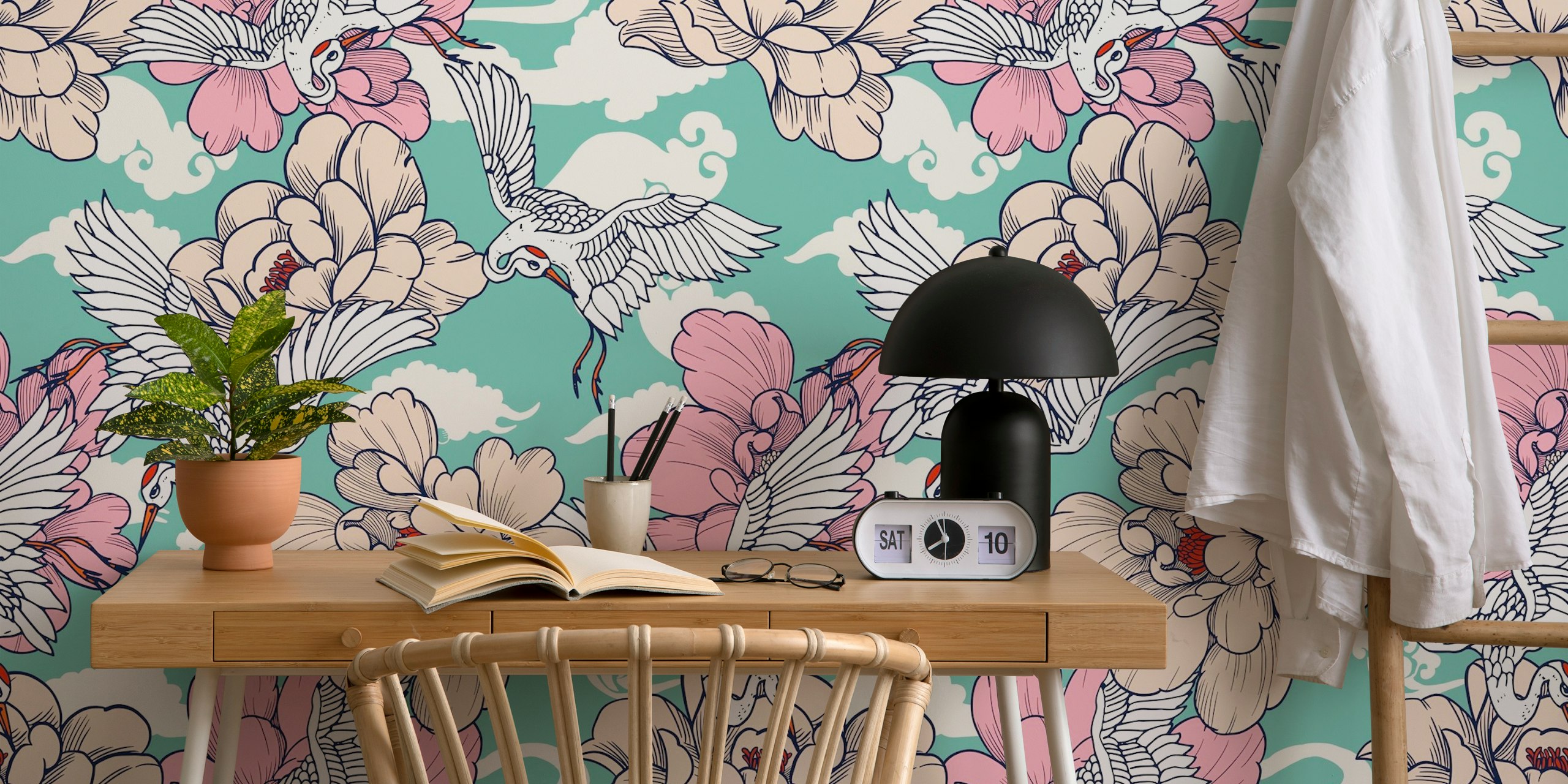Tranquil Cranes and Blooms behang in de kamer