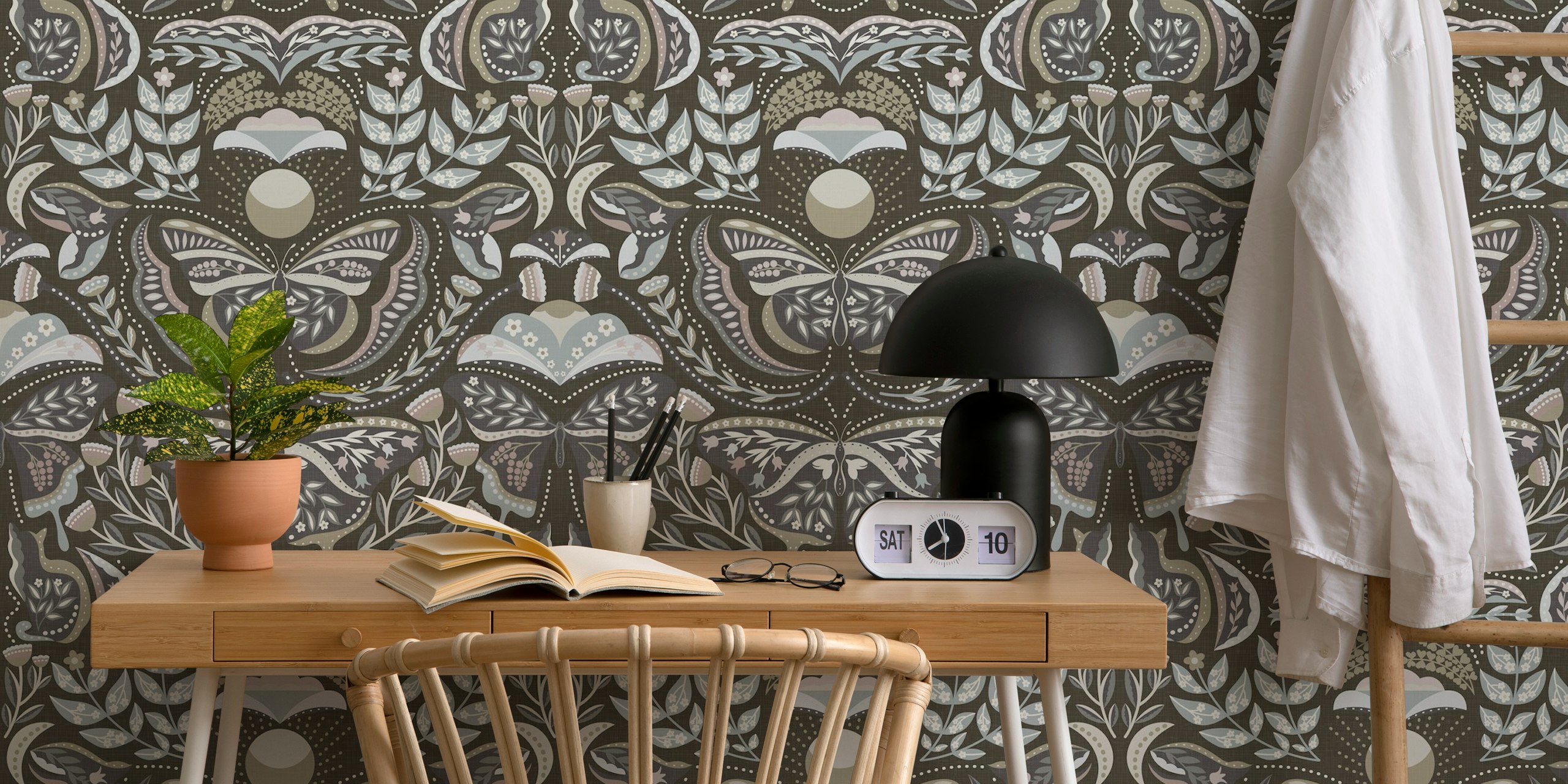Bohemian nature wallpaper with butterflies and flowers