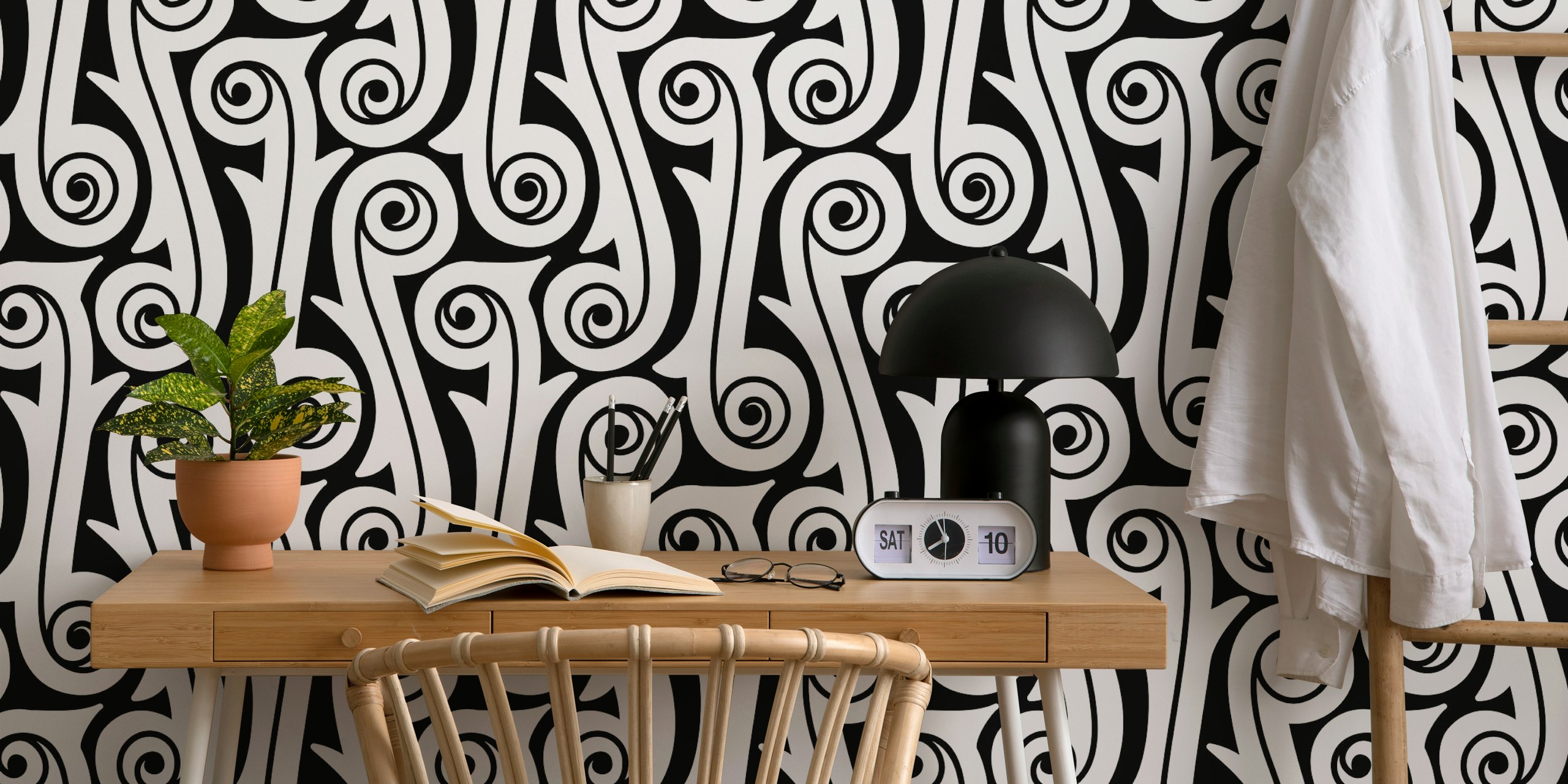 Modern Swirl Symphony Black and White wallpaper design
