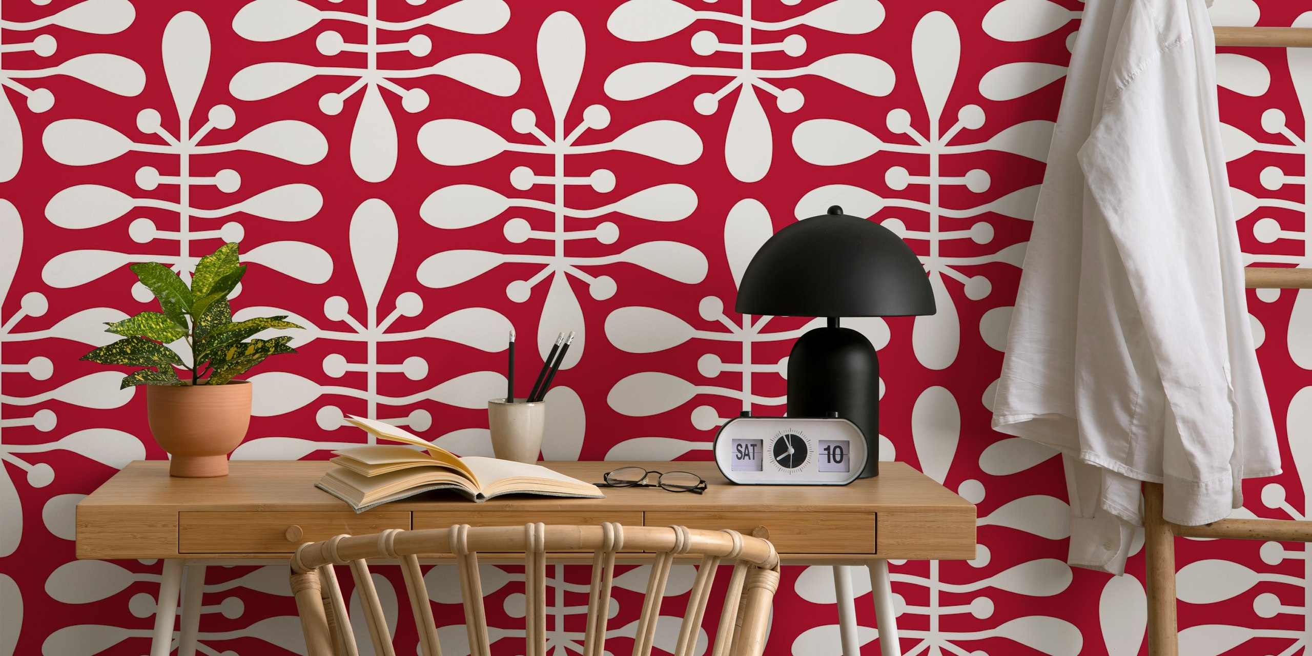 Red botanical pattern with white shapes wallpaper